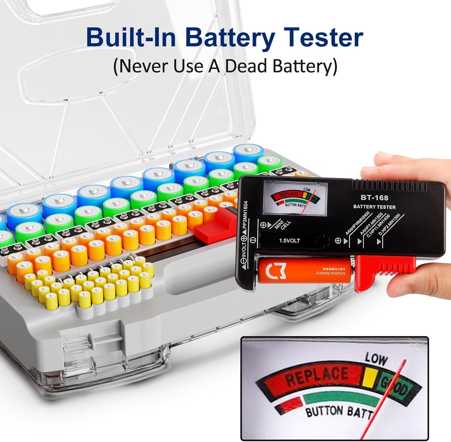 Battery Organizer Storage Case, Battery Storage Holder Organizer Box with Tester - 285 Batteries Double-Sided Variety Pack, Holds AA AAA 4A C D Cell 9V 3V Lithium LR44 CR2 CR123 CR1632 18650 Button