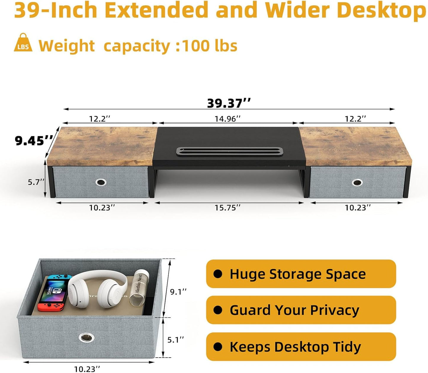 Dual Monitor Stand Riser with 2 Drawers - 39Inch Large Storage Computer Monitor Stands for 2 Monitors, Wooden Desktop Organizer Perfect for Home Office Desk, Computer, Laptop, TV
