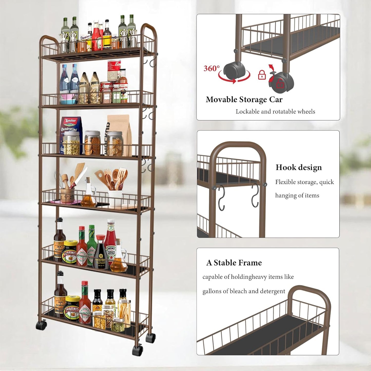 6-Tier Slim Storage Cart with Wheels, 6in Narrow Rolling Shelf,Sturdy Slim Storage Ideal for Kitchen, Bathroom, and Laundry Room,Champagne Gold