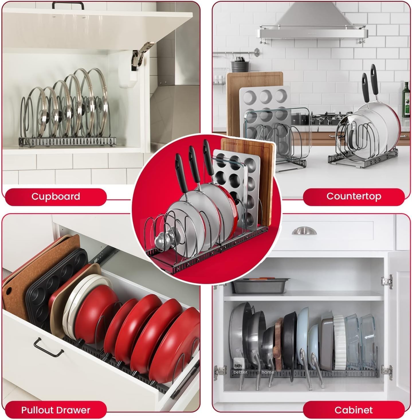 Better Things Home 12+ Expandable Pan and Pot Lid Organizer Rack for Cabinet, Pot Lid Holder Pot Organizers Inside Cabinet, Pots and Pans Organizer Under Cabinet (Dark Grey, PAN & BAKEWARE)