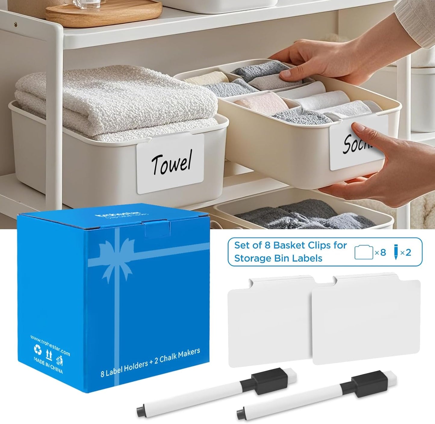 Metal Basket Bin Label Clip (White, 8 Metal Label Clip)