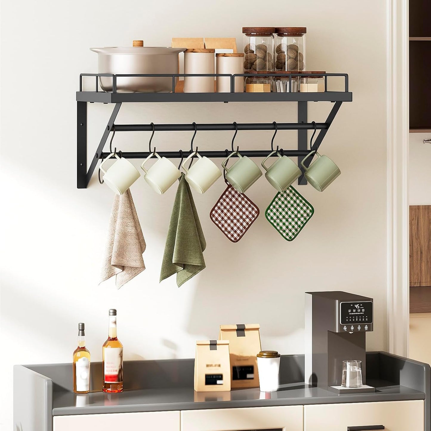 Wall Mounted Pot Rack, 23.8 Inch Pot and Pan Organizer with 2 Tier Hanging Rails, 12 S-Hooks, Metal Pot Rack for Kitchen Cookware Organizer, Space Saving, for Kitchen Utensils, Black PR01BK