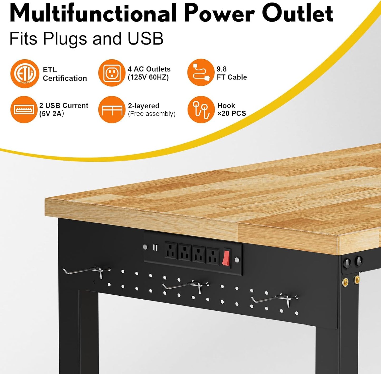 84” Adjustable Work Bench, 2-Layer Heavy Duty Workbench, 6000 LBS Capacity Workbench with Pegboard & Power Outlet, Rubber Wood Work Table for Garage, Office, Workshop, Home