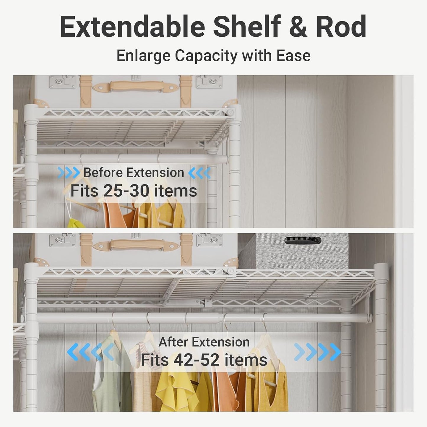 VIPEK X3 Plus Large Expandable Closet Rack Adjustable from 5'10" to 8'8" with Extendable Shelves and Hanger Rods, Freestanding Clothing Racks Modular Closet Systems Wardrobe, Max Load 1360LBS, White