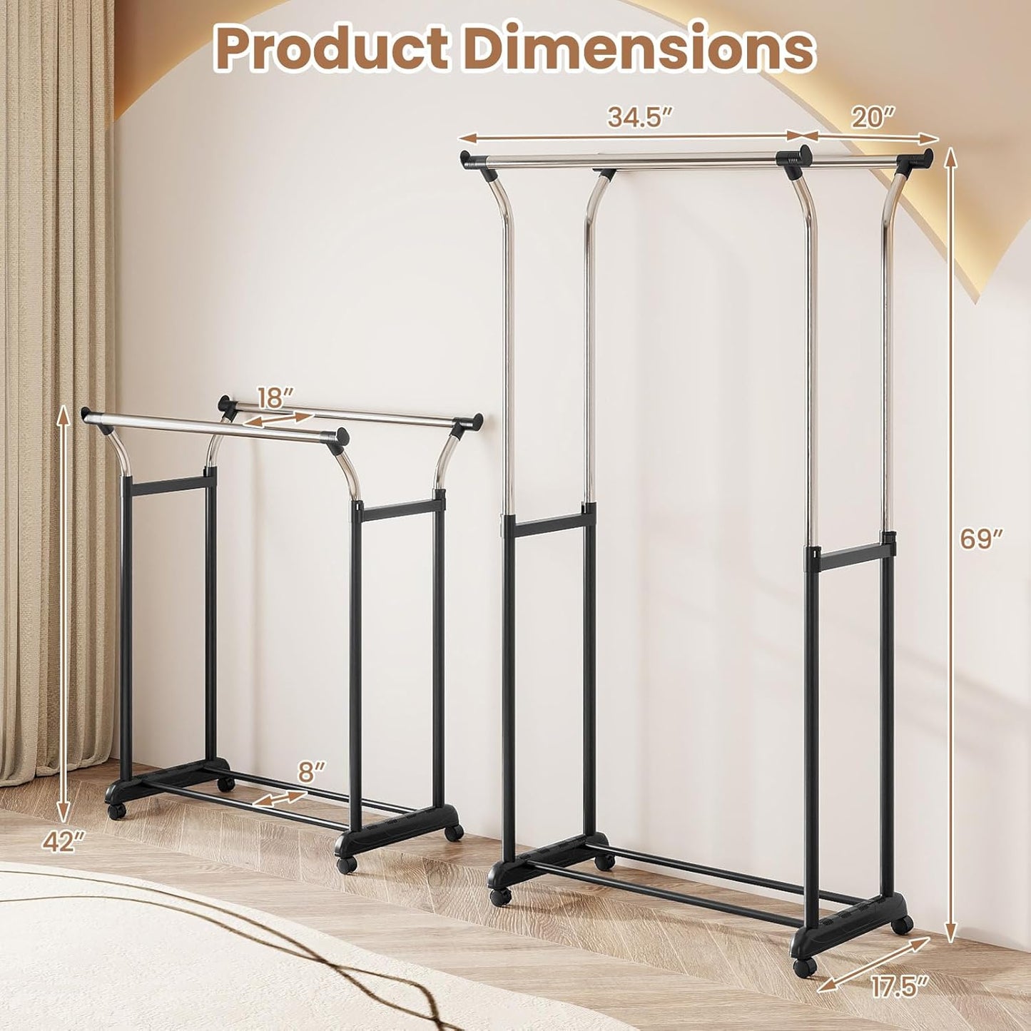 COSTWAY Double Rod Clothing Rack, Rolling Garment Rack with Shelf, Wheels, Adjustable Height Heavy Duty Metal Clothes Racks for Hanging Clothes for Dressing Room, Laundry, Living Room