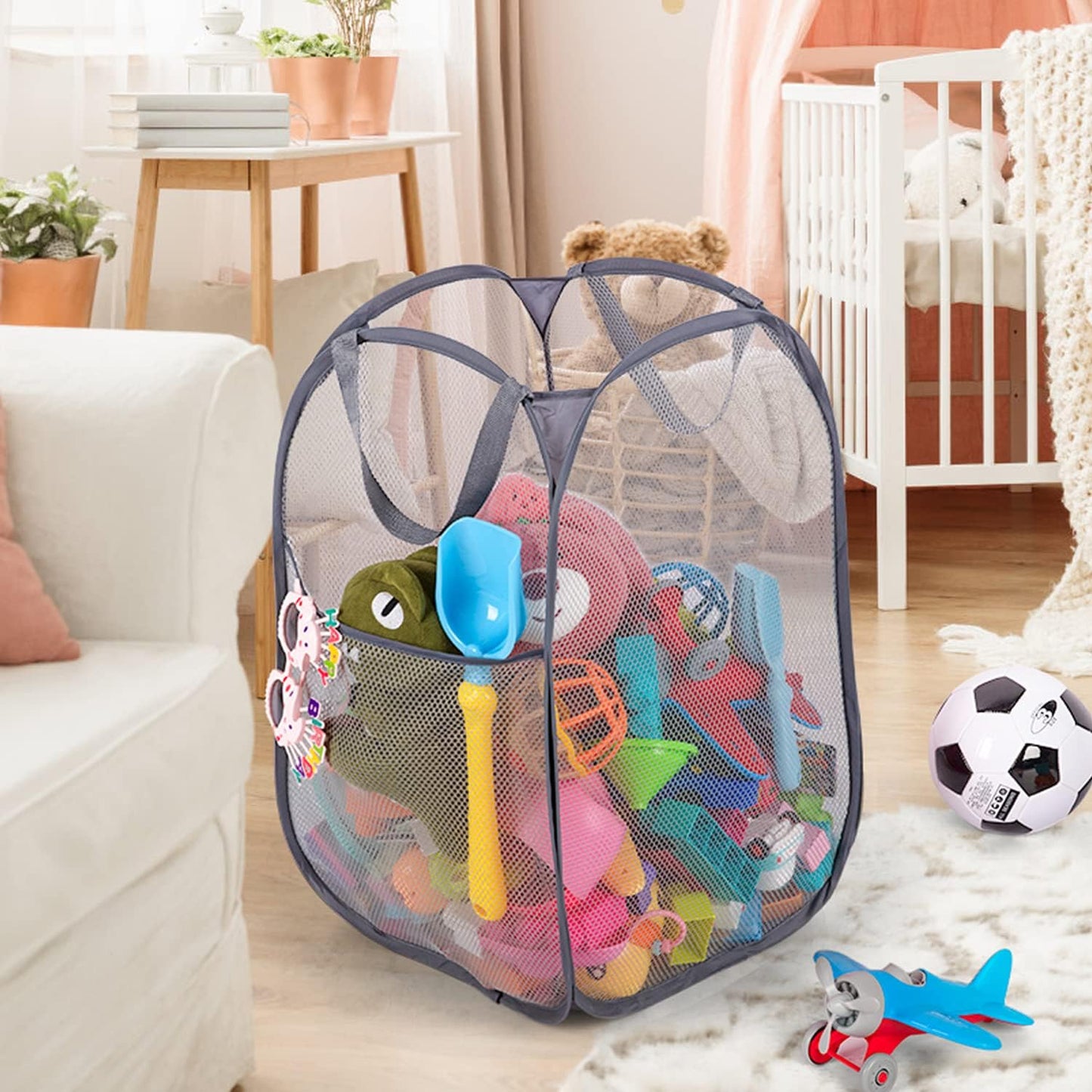 BATTOO Deluxe Strong Mesh Pop up Laundry Hamper Basket with Side Pocket for Laundry Room, Bathroom, Kids Room, College Dorm or Travel 2 x Grey