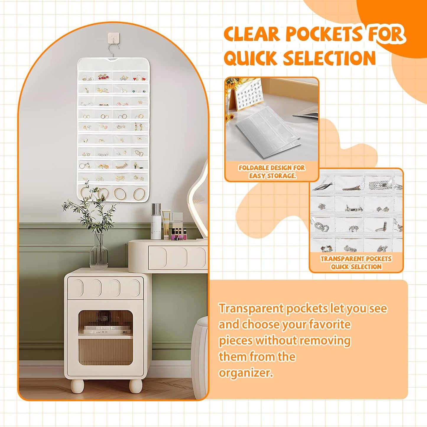 80 Pockets Hanging Jewelry Organizer, Double-Sided White Closet Jewelry Holder for Space-Saving Storage of Earrings, Rings, Bracelets and Small Accessories