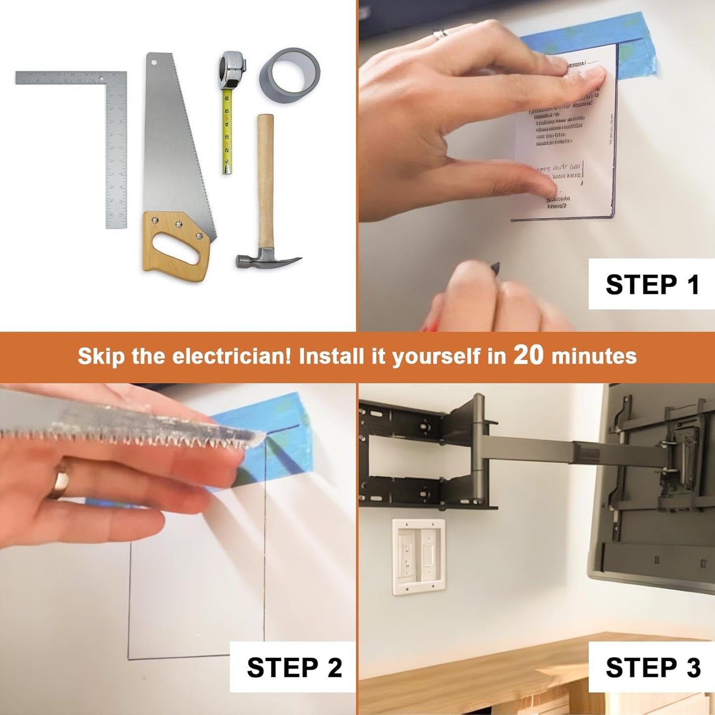 in Wall Cable Management Kit with Recessed Tv Outlet Box-Two-Hole Socket, 9ft Cord,Tv Cable Hider Wall Kit Hider Box Fits All Plugs, Easy, Safe Cable Management
