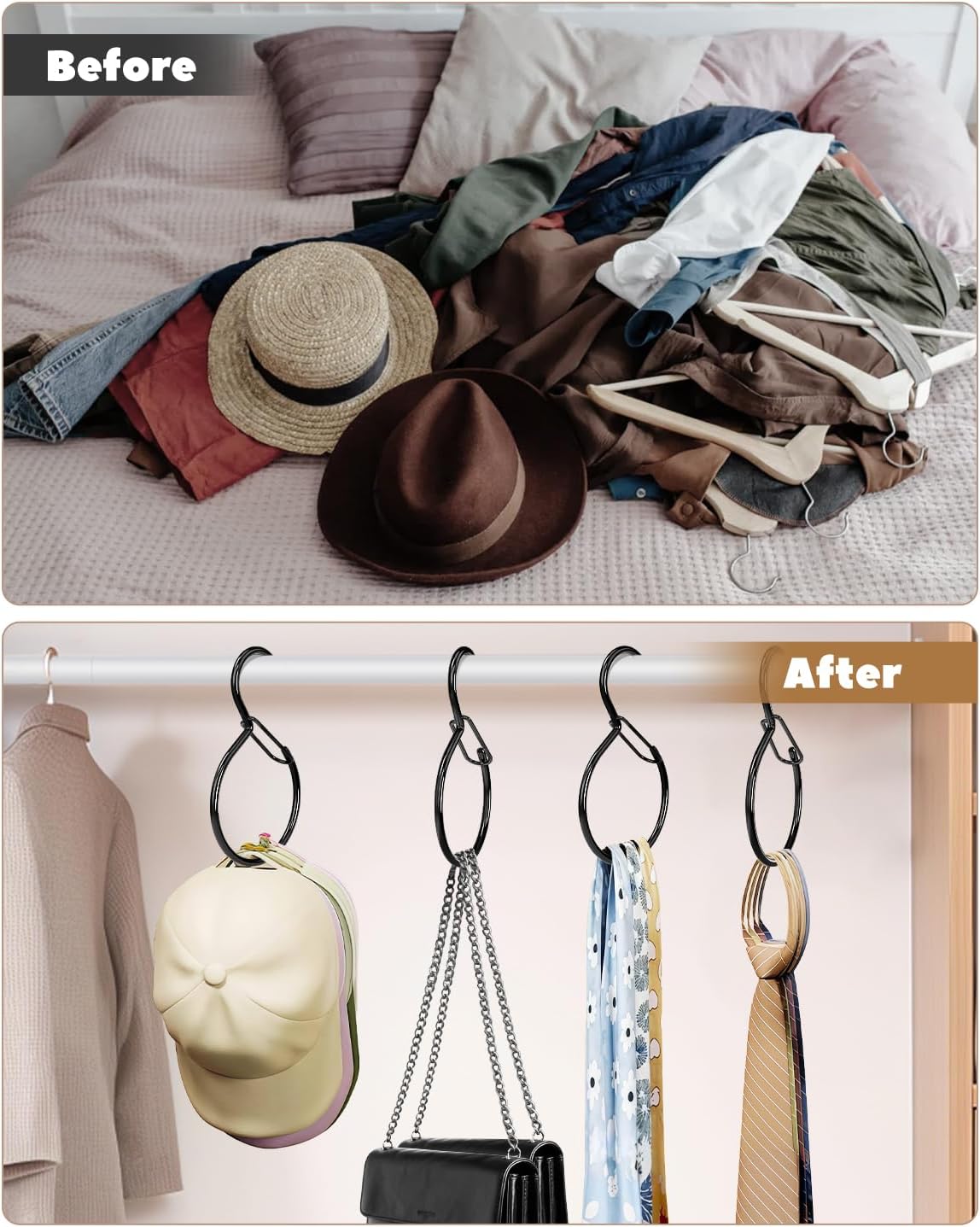 6 Pack Belt Hanger, Tie Hanger & Belt Organizer, Waterproof Belt Hanger for Closet, Ties, Scarves, Bags & Accessories, Keeps Closet Neat & Organized, Black