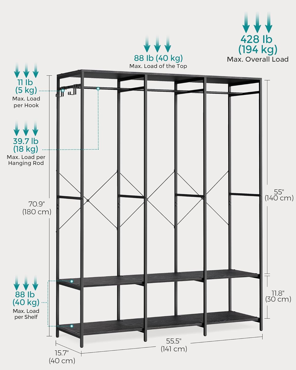 SONGMICS Clothes Rack, Iron and Wood Wardrobe Closet Organizer, Heavy Duty Garment Rack with Hanging Rods, Closet Shelves, Removable Hooks, 15.7 x 55.5 x 70.9 Inches, Ebony Black URGR005B56