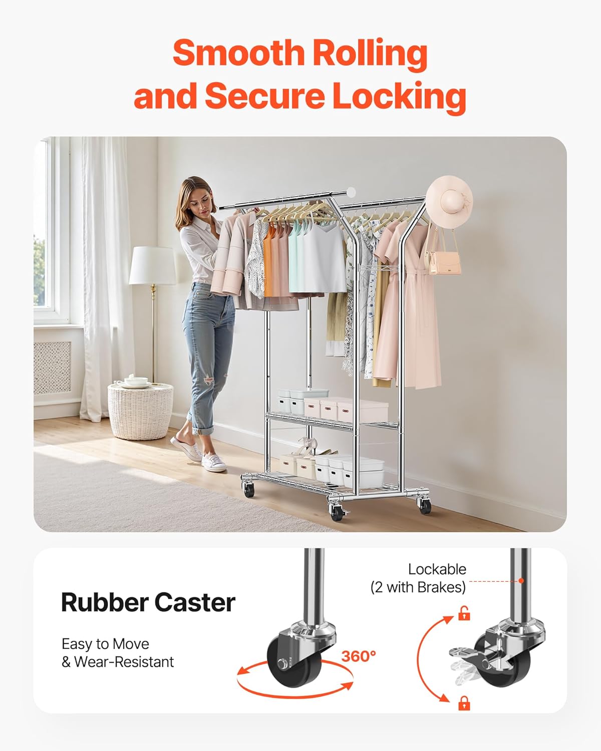 VEVOR Clothes Rack, Rolling Clothing Garment Rack, Extendable Carbon Steel Clothing Racks with Wheels for Bedroom, Laundry, Living Room