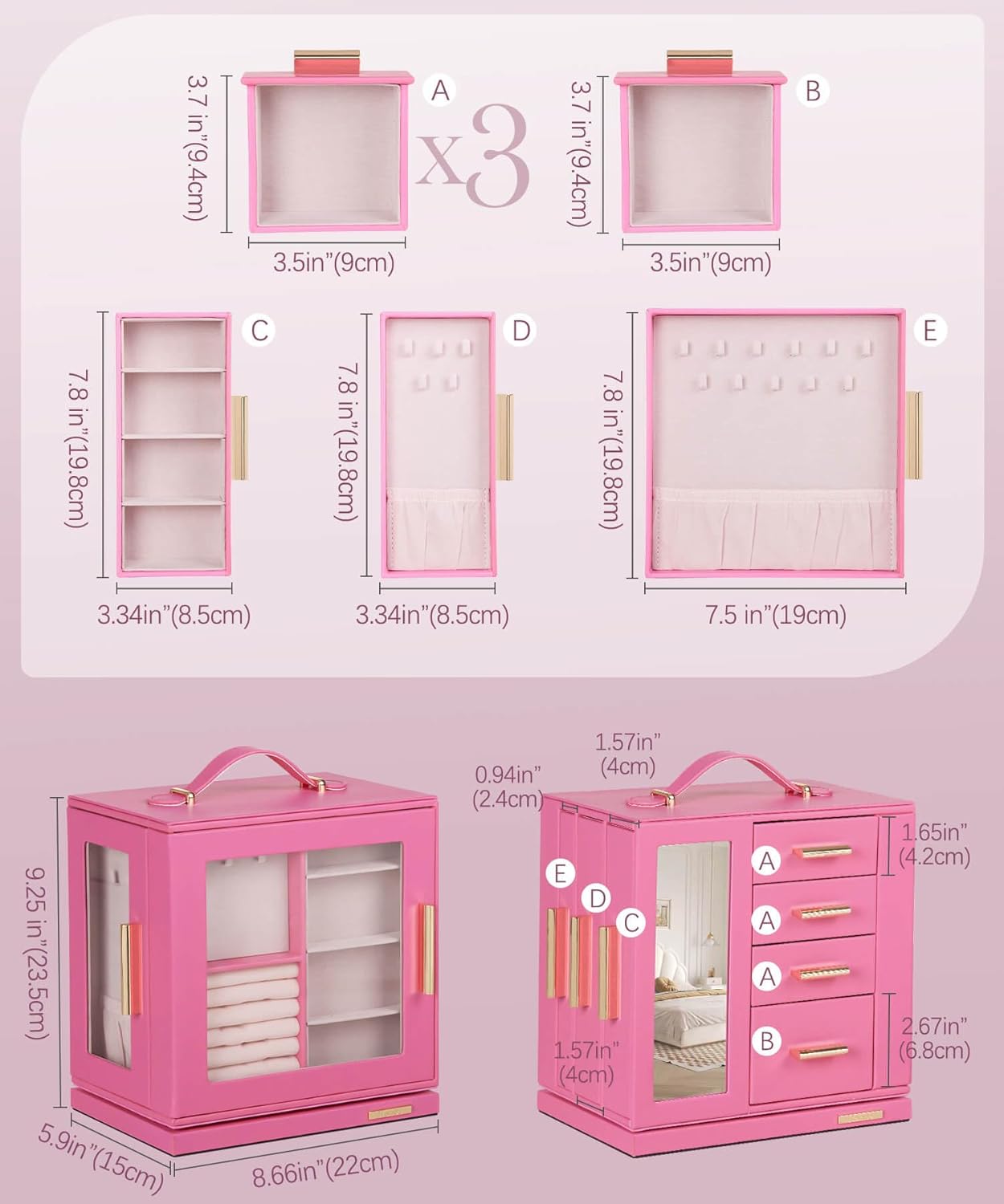 Homde Christmas Gifts Jewelry Box 360° Rotating, Necklace Earring Organizer with Transparent Window, Mirror, 7 Drawers, Large Ring Display Storage Case for Girls Women (Pink)