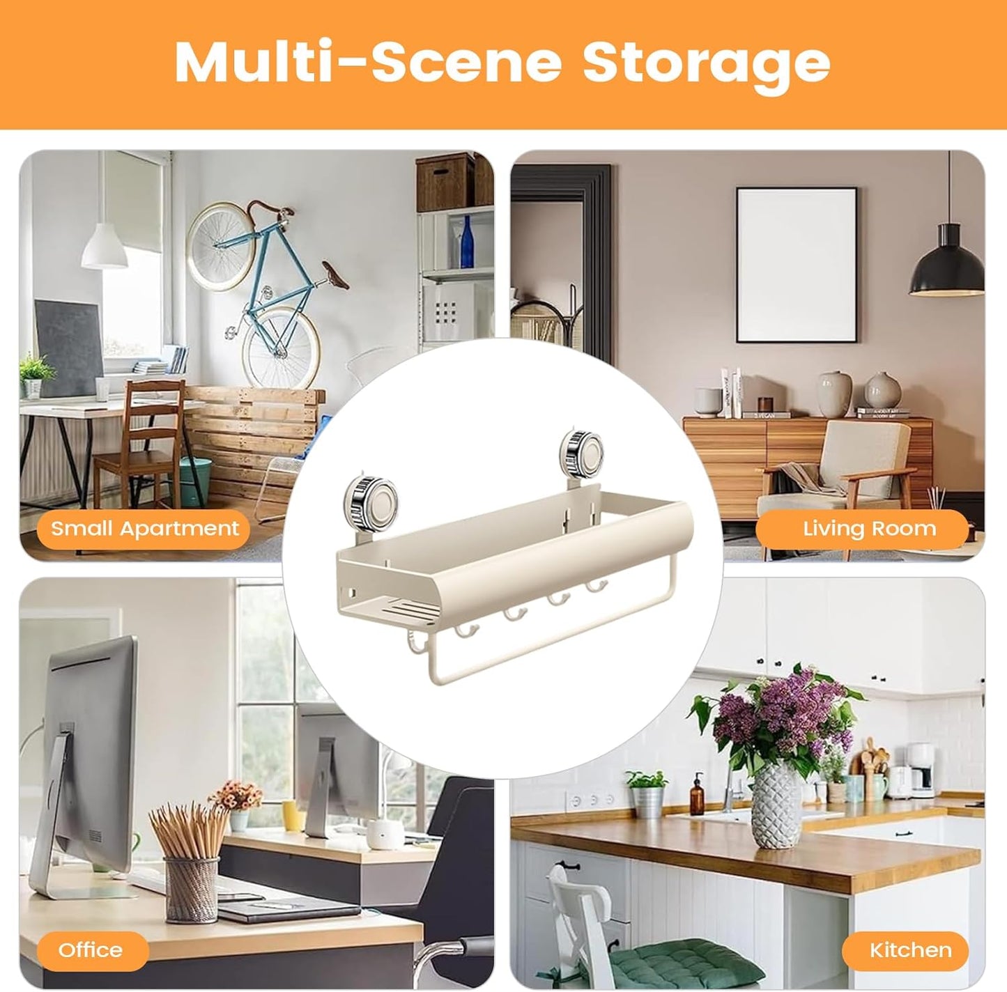 Bathroom Rack - Drill Free Shower Organizer, Rustproof Shelf, Adhesive Wall Mount, Hanging Hooks Bar | Space Saving Shower Storage for Shampoo Soap Body Wash Home Kitchen Apartment Dorm Accessories
