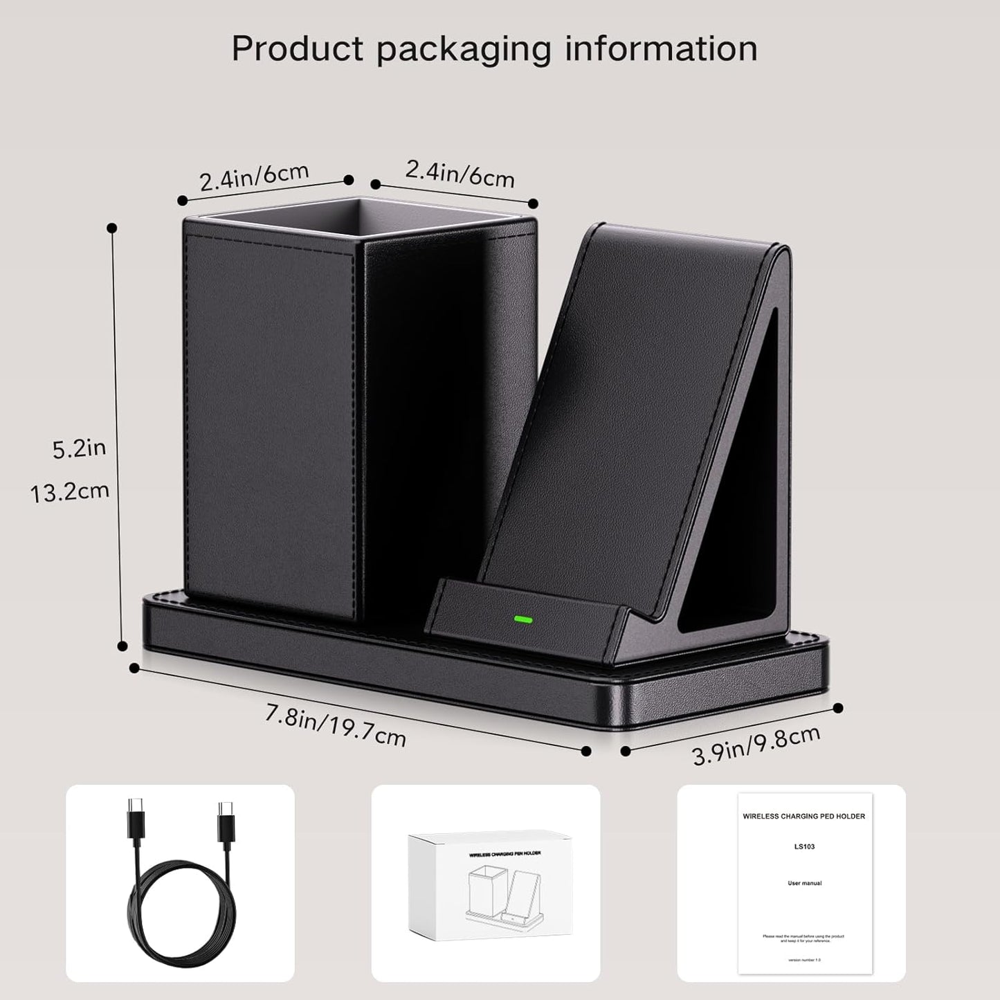 Multi-Functional Pen Holder for Desk,Black Vegan Leather Desk Organizers with Remote Control Holder,Pencil Holder for Desk,Desk Organizer with Phone Wireless Charger for Office/Nightstand/Endtable