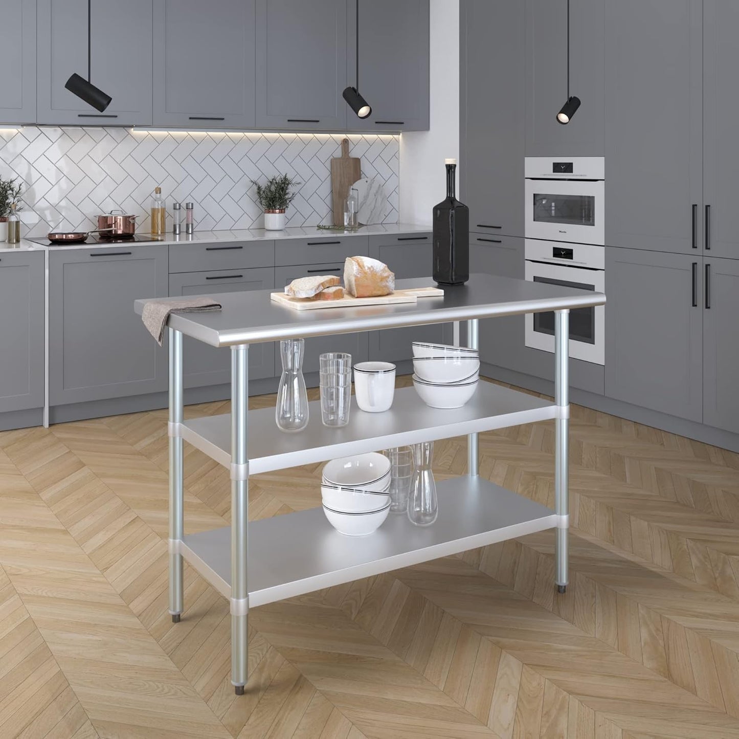 AmGood Stainless Steel Work Table with 2 Shelves | NSF | Metal Utility Table (48" Long x 24" Deep)