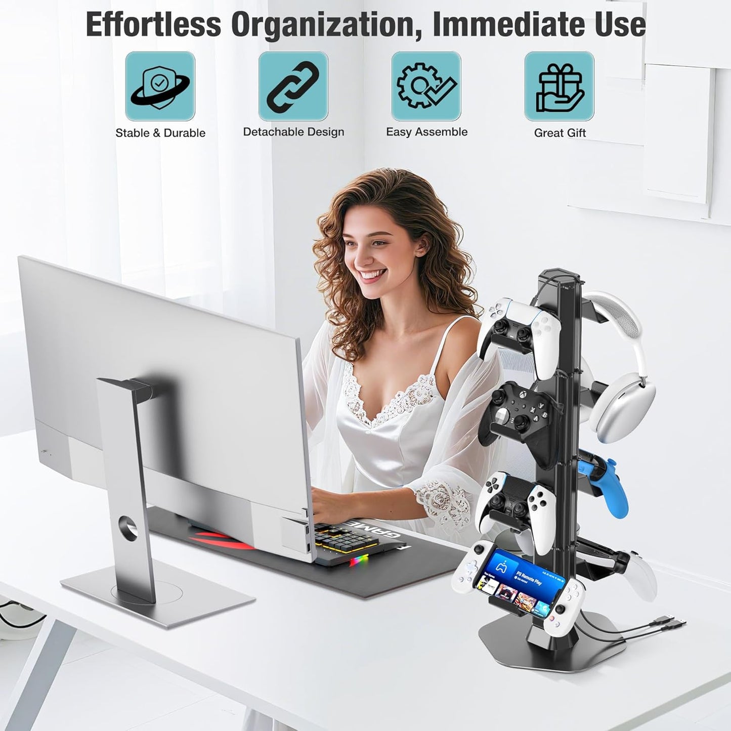 Controller & Headset Holder Stand for Desk, with Charger Cable Organizer Headphone Stand for PS5/ Xbox/ PS4/ Switch, Metal Base Controller Hanger Hook for Storage Earphones, Game Console, Mobile Phone
