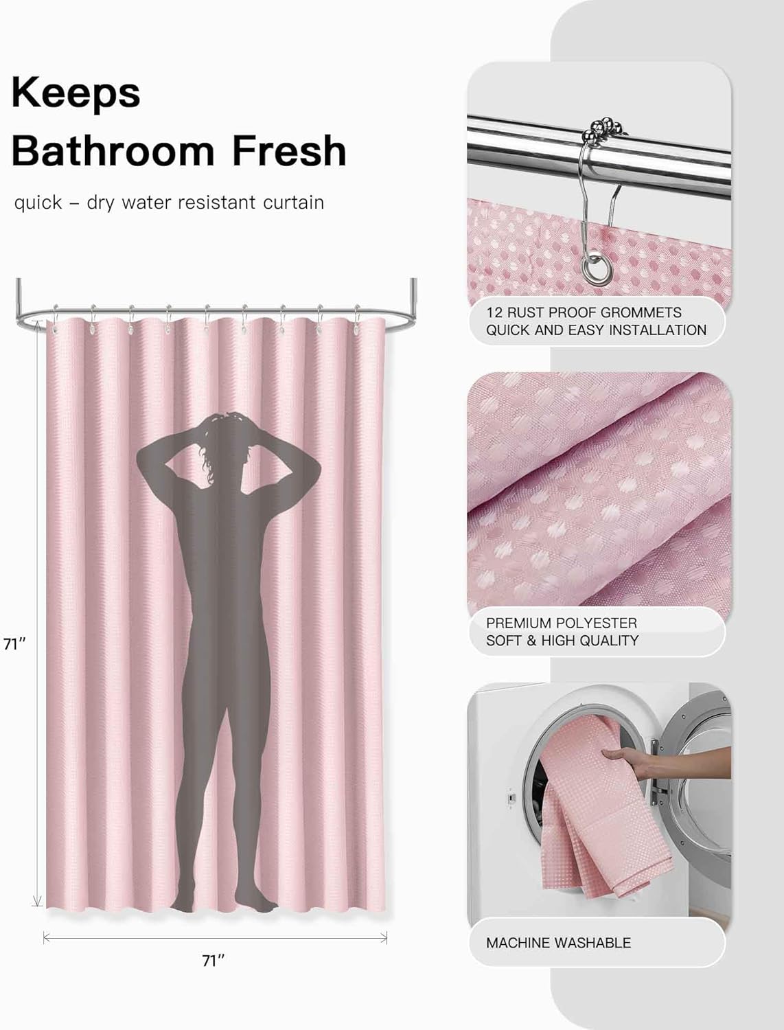 IMAVO Pink Bathroom Accessories,Non Slip Super Absorbent Rugs and Waterproof Shower Curtain with Hooks,Complete Bathroom Set for Bathroom Décor