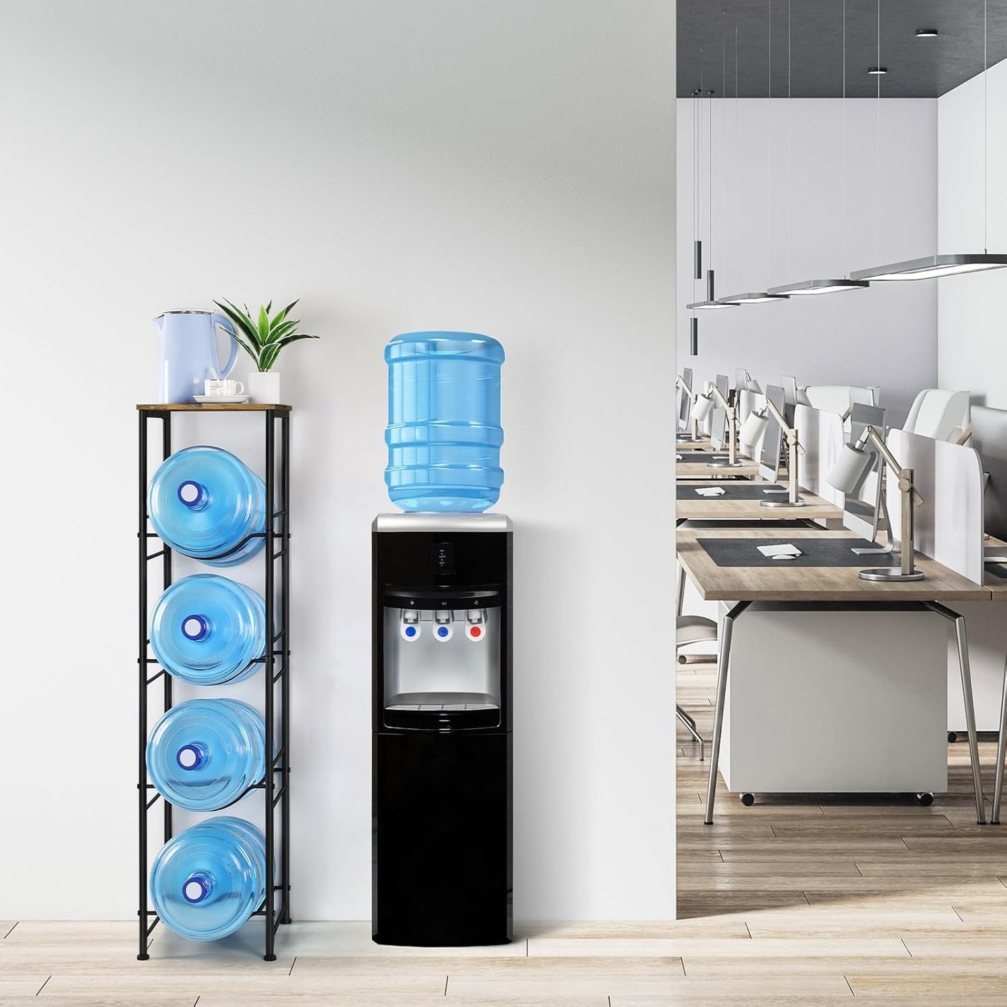 ETELI 5 Gallon Water Bottle Holder Organizer 4 Tier Water Cooler Jug Rack with Storage Shelves Water Bottle Dispenser Stand for Kitchen Living Room Office, Black and Brown