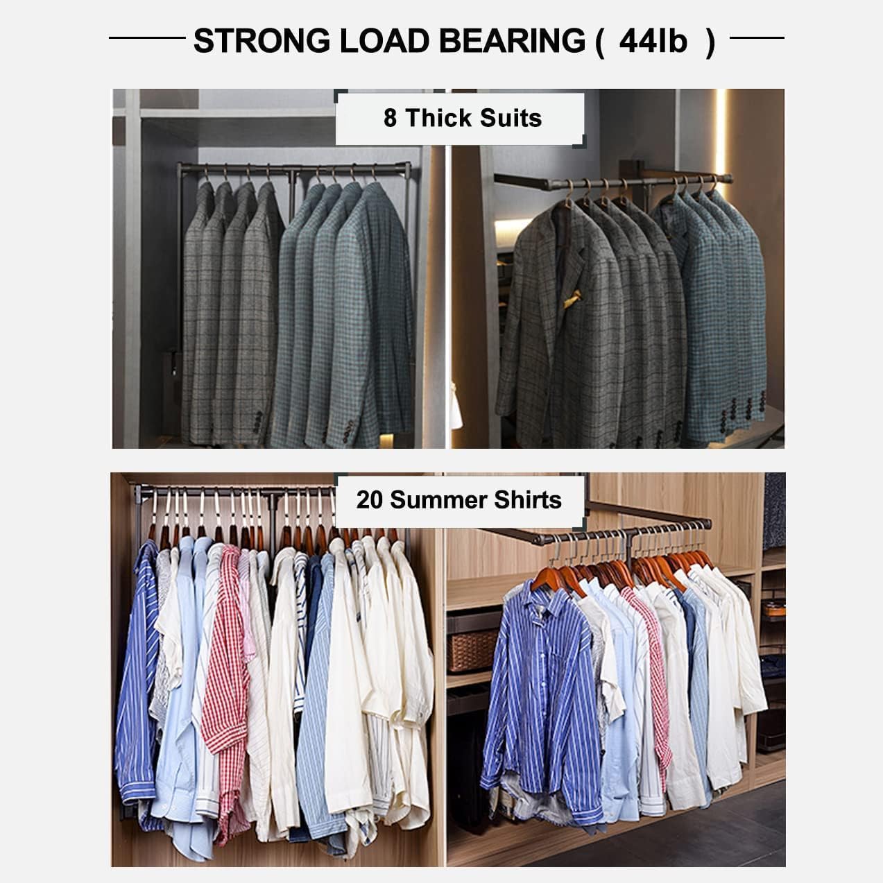 Pull Down Closet Rod for Hanging Clothes, Retractable Wardrobe Hanger for Cabinet Inside Width 21.6"~26", Aluminium alloy Tubing with Plastic Housing, 44 lb Weight Rating