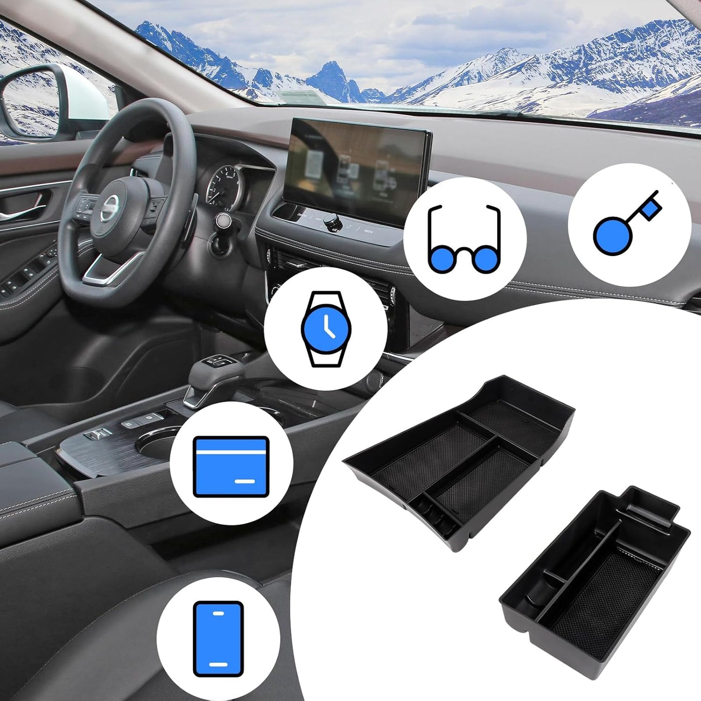 Center Console Organizer Compatible with Nissan Rogue 2021-2025 2026 Armrest Storage Box Insert Tray Interior Secondary Accessories(2PCS Center Console Tray)