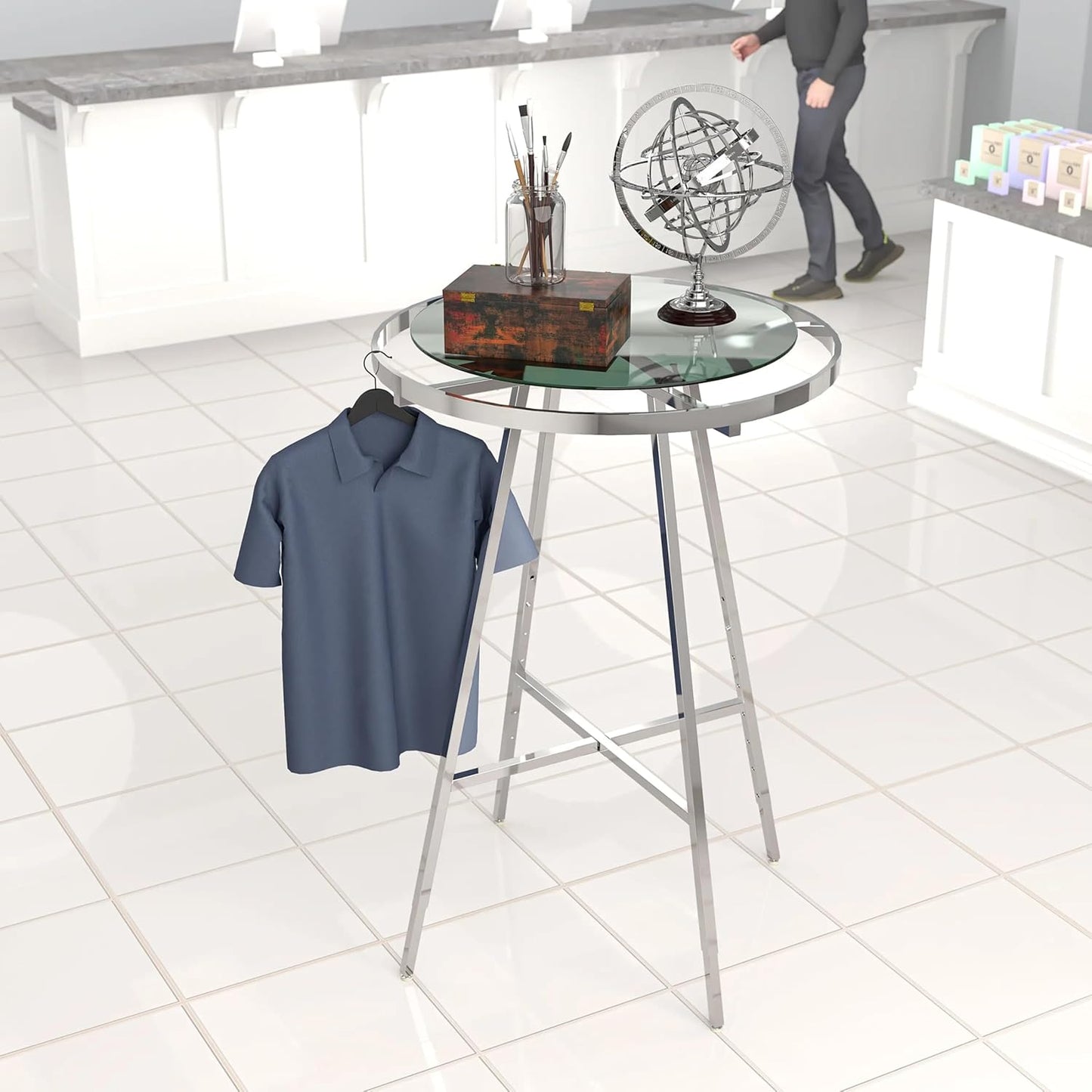 Econoco Folding Round Garment Rack, Adjustable Height Retail Display, Chrome Finish (36" Rack with Glass Shelf Topper)
