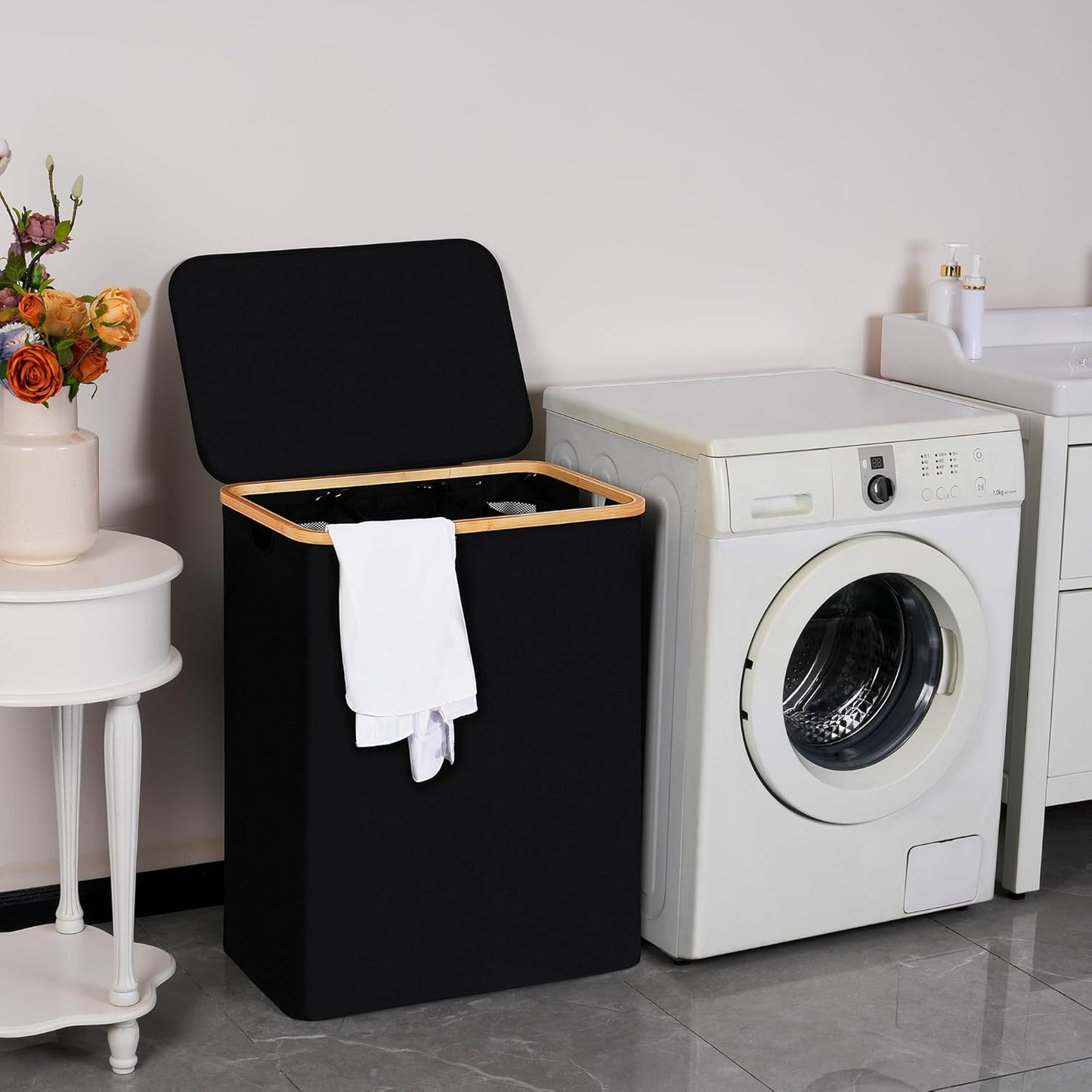 efluky Laundry Hamper with Lid, Trio Laundry Hamper with 3 Removable Bags, 3 Section Laundry Basket with Bamboo Handles for Bathroom, Bedroom & Laundry Room, 160L Black