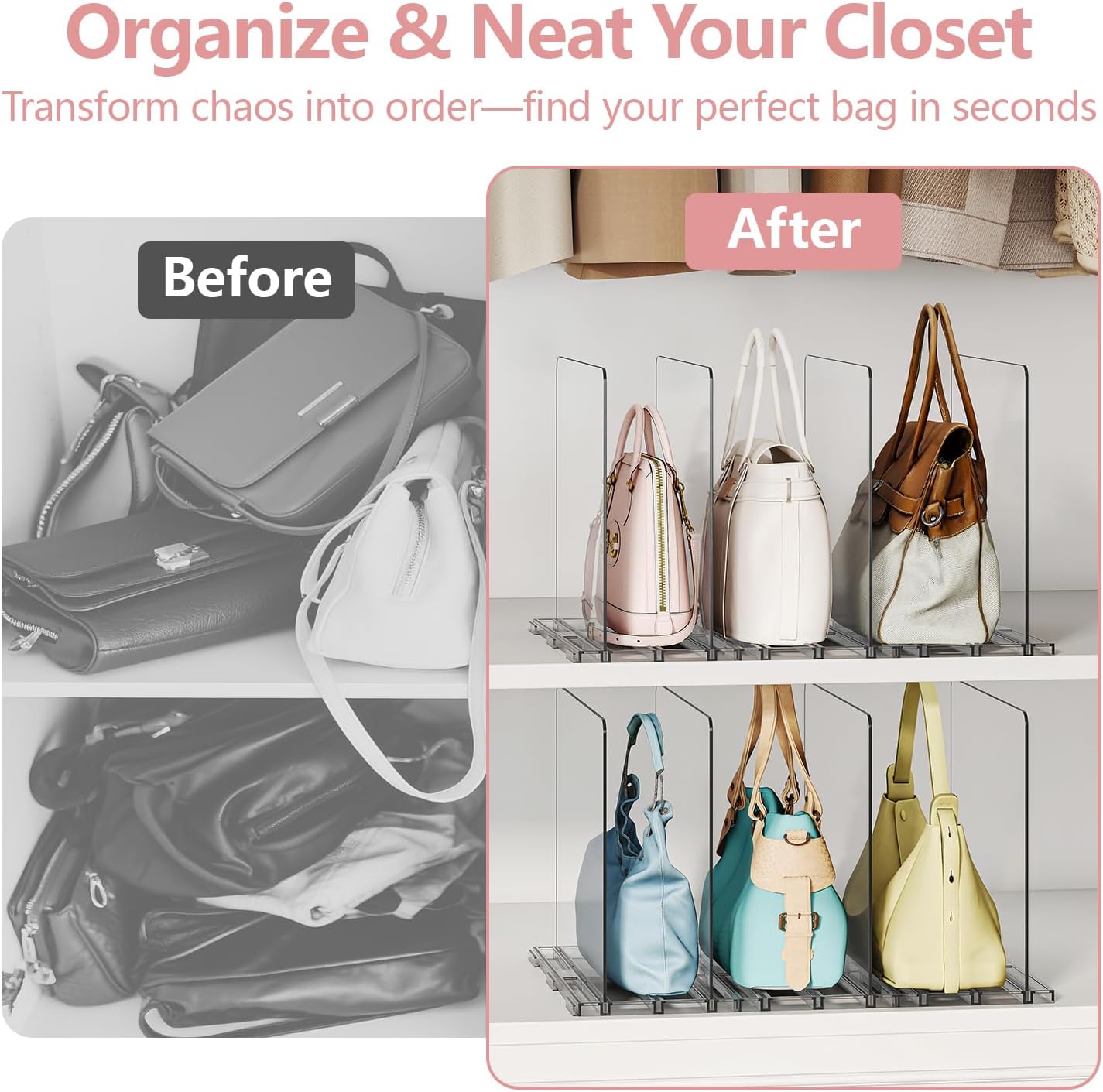 Yecaye Purse Organizer for Closet, Adjustable Closet Purse Organizer Rack, Clear Plastic Handbag Storage Organizer, Shelf Divider for Bedroom, Office, Kitchen