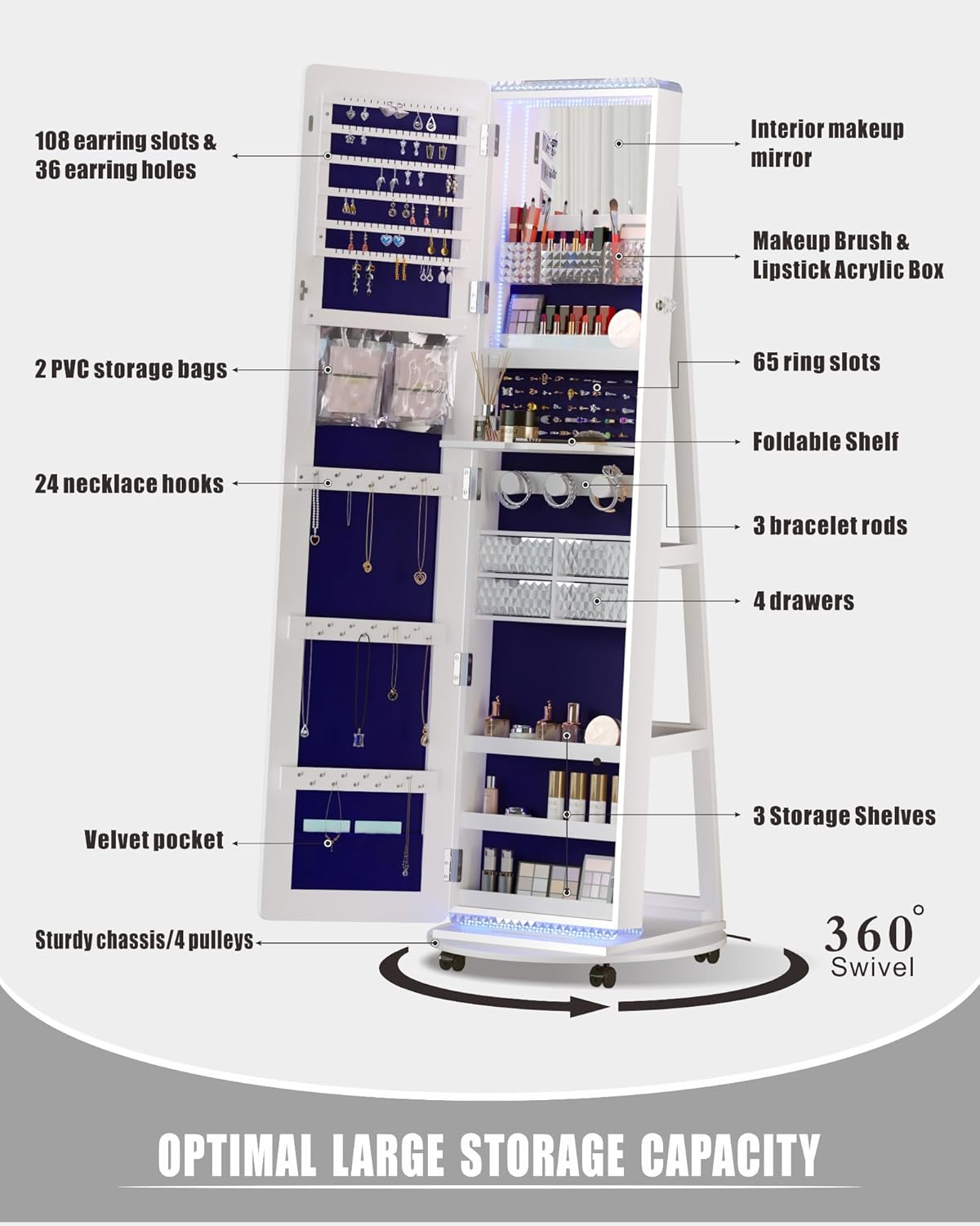 Full Length Mirror with Storage, Standing Mirror Jewelry Cabinet with 3 Color LED Lights, 360° Swivel Jewelry Armoire with Mirror & Storage Shelves, White
