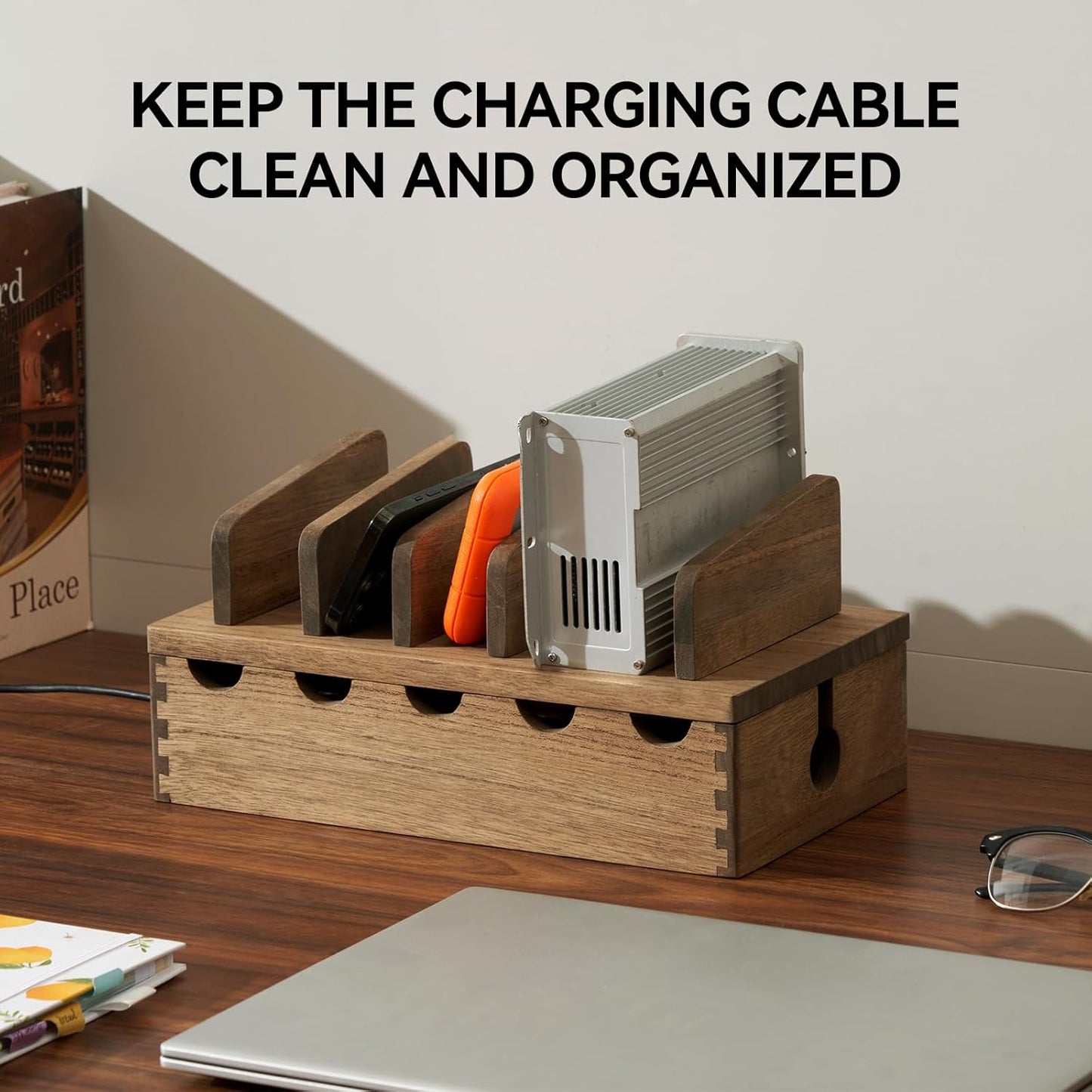 KIRIGEN Wood Charging Station Rack Organizer for Multiple Devices Desktop Organizer with 5 Ports for Cell Phones, Tablets, Earphones Wooden Cable Management DDXH-DBR