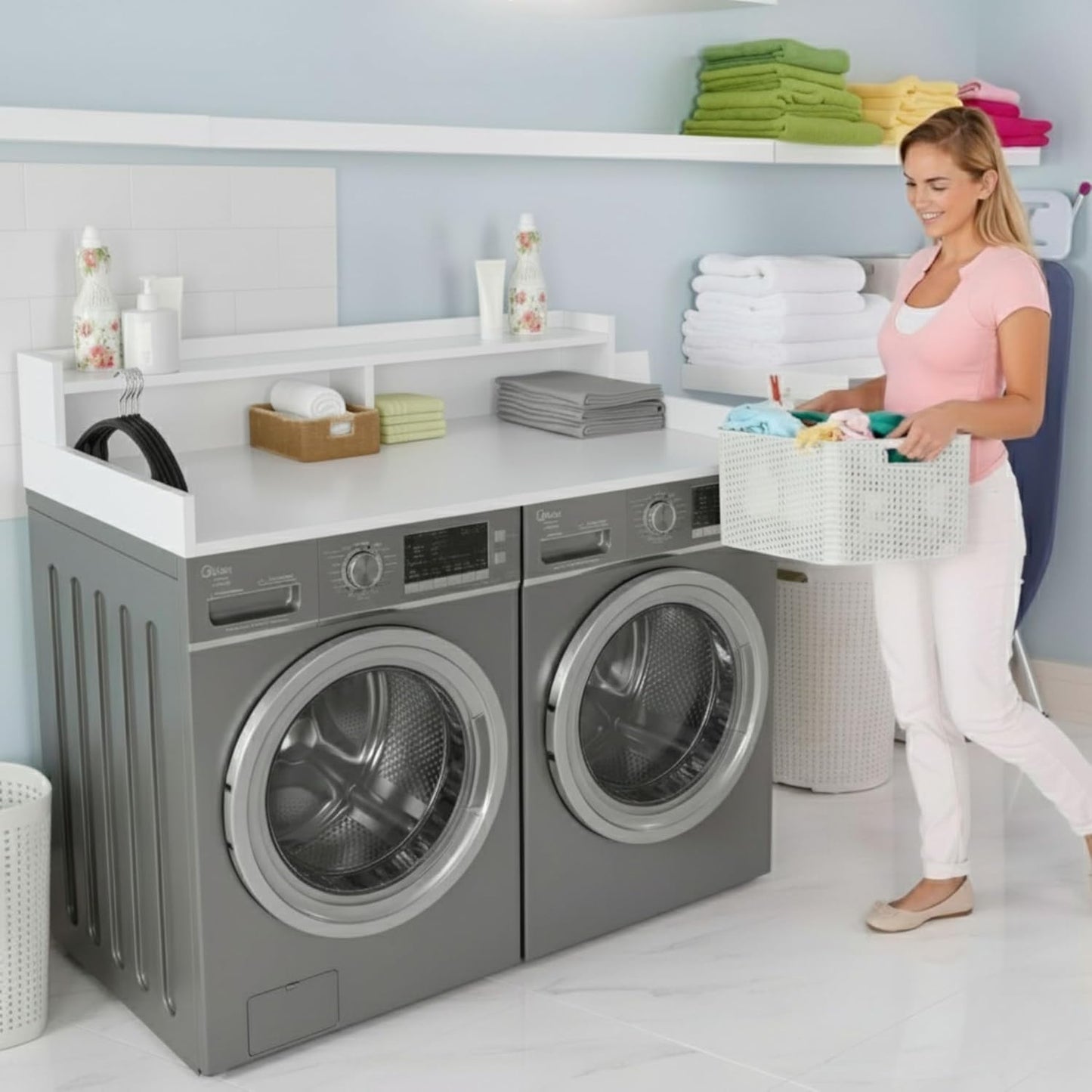 OfficeSimpli Washer Dryer Countertop with Shelf - 27.5 x 54 Inch - Made in USA Laundry Countertop Over Washer and Dryer with Non-Slip Pads, Storage Shelf, Laundry Topper Organizer, Gracier White