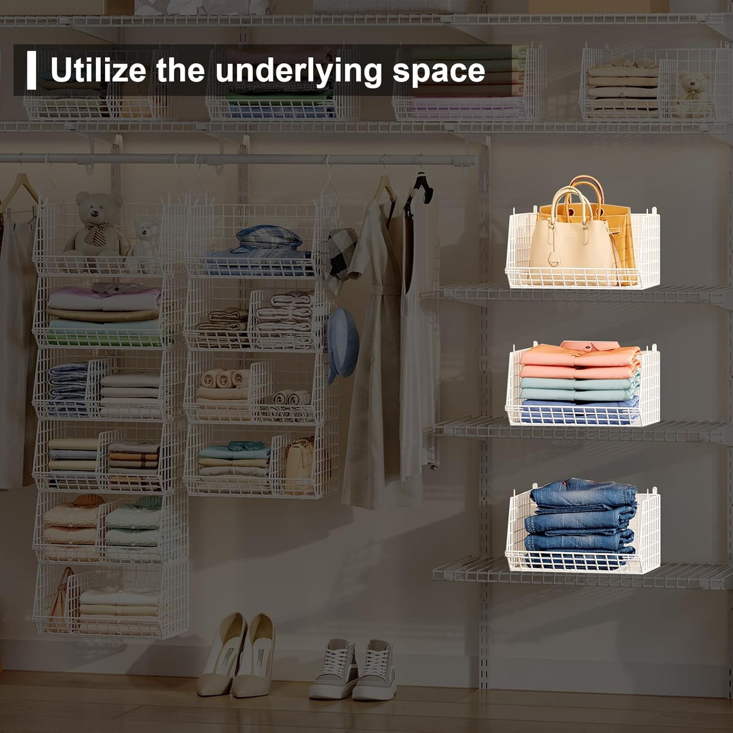 6 Tier Extra Large Hanging Closet Organizer, Closet Storage Hanging with Dividers, Wire Closet Shelf with 5 S Hooks 4 Dividers,Sweater Handbag Hat Accessory Storage Hanger,White
