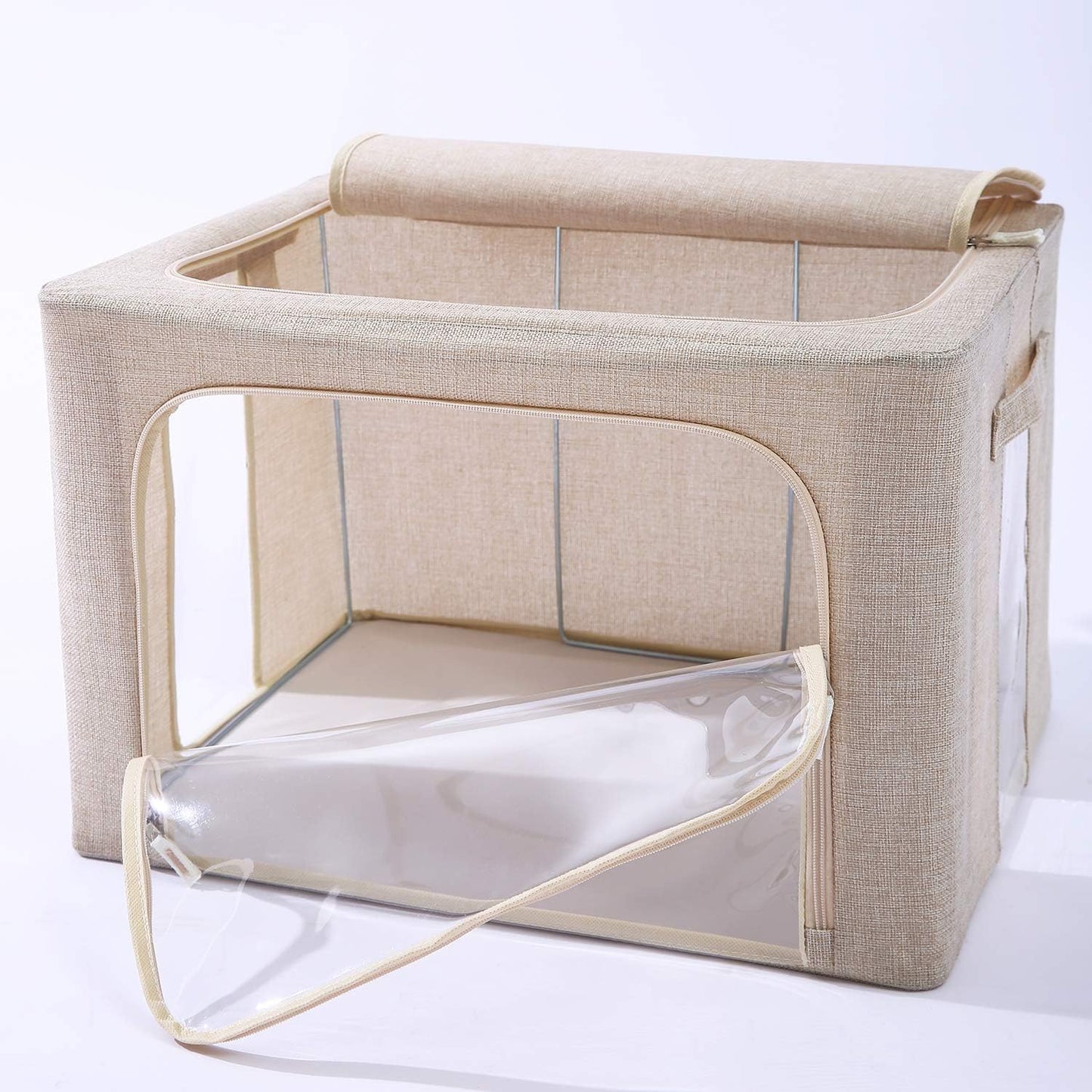 CYhom 3Pack Foldable Storage Bins - Frame Storage Box Linen Fabric Stackable Clothes Container Organizer with Clear Window & Carry Handles Large Capacity (Large-66L, Beige)