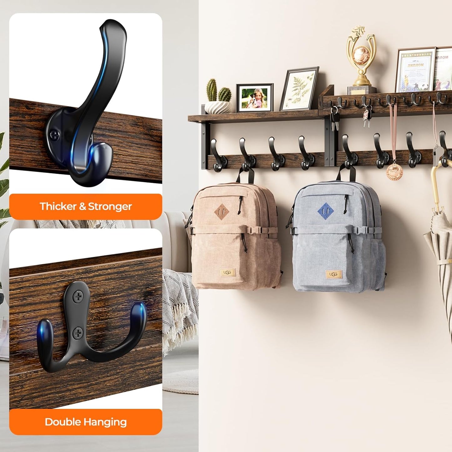 Evermagin 35" Coat Rack Wall Mount with Shelf, 4 in 1 Coat and Key Hanger with 13 Metal Hooks, Entryway Wall Mounted Shelf with Mail Holder for Living Room, Bedroom, Rustic Brown