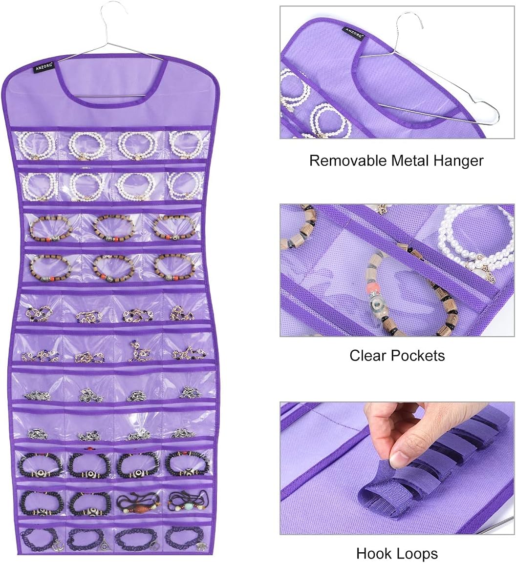 Hanging Jewelry Organizer Dual Sided 84 Clear Pockets and 6 Hook Loops Storage for Holding Jewelries Hair Accessories Dress Shaped Earring Holder (84 Pockets and 6 Hook Loops -Purple)