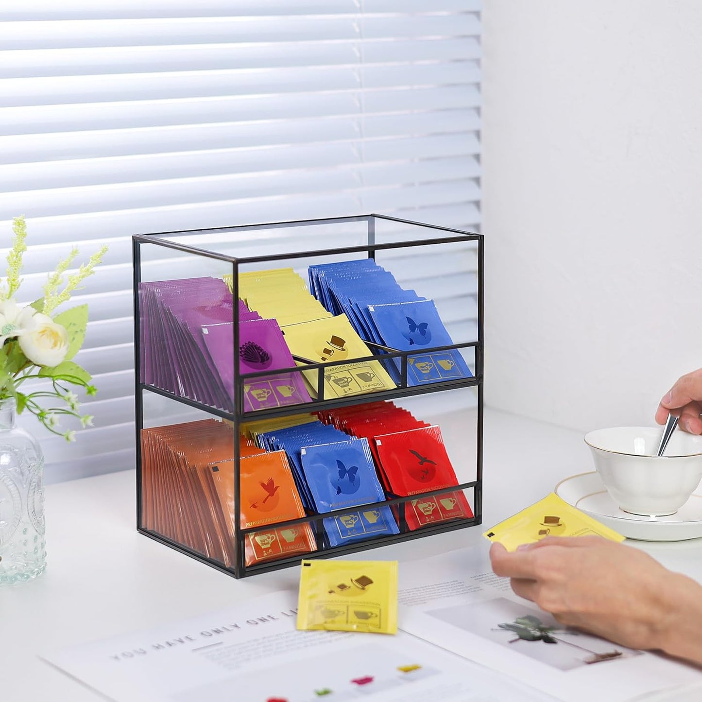 Glass Tea Bag Organizer for Counter, 2-Tier Teabag Organizer Storage Holder for Tea Bags, Glass Caddy Box Containers, Rack Teabag Station Stand for Cabinet Kitchen, 2-Tier, Black