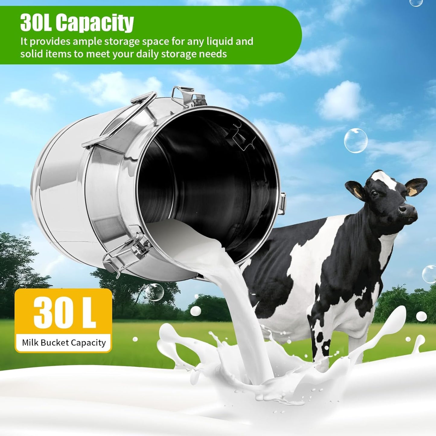 30L / 7.95Gallon Transport Cans Stainless Steel Milk Can Milk Bucket Wine Pail Bucket Milk Can Tote Jug with Sealed Lid Heavy Duty Wine Pail Liquid Storage