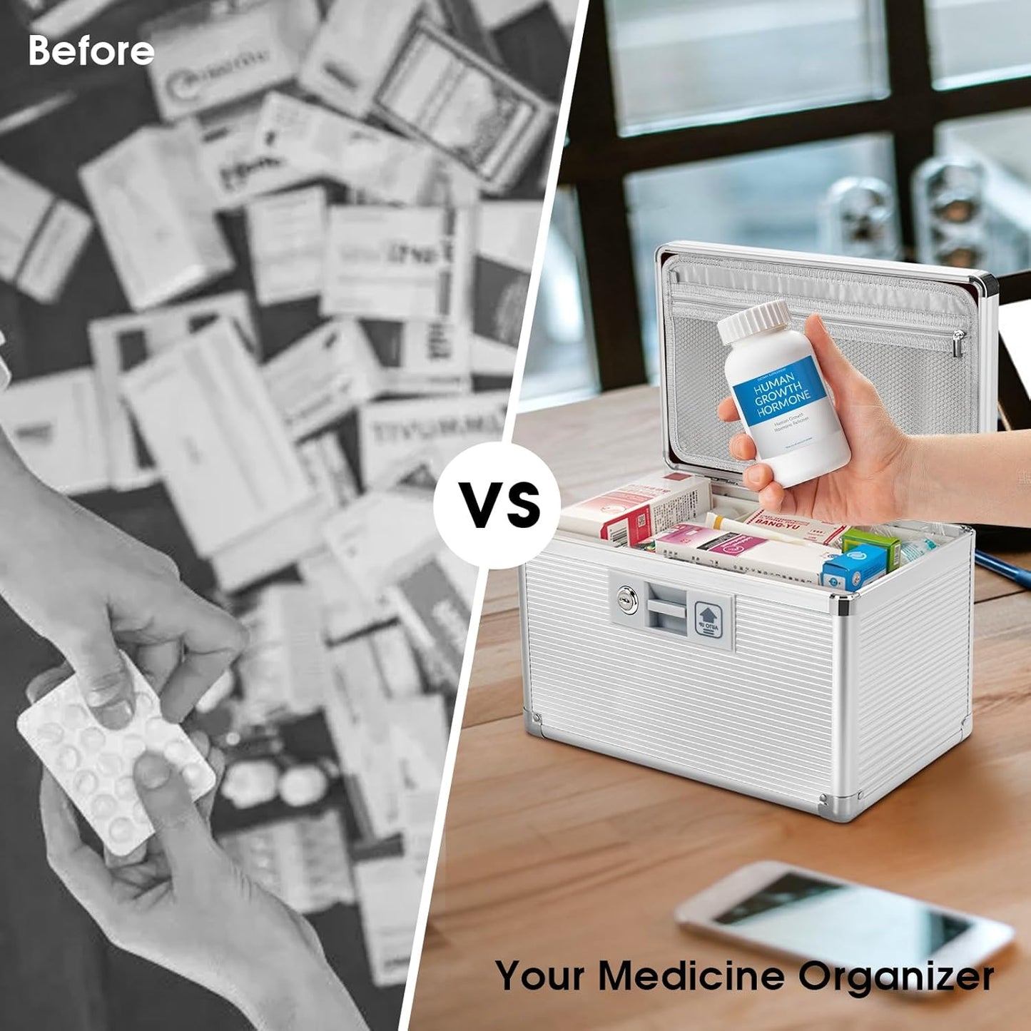 Medicine Lock Box with Key, Alluminum Alloy Box for Medication,First Aid Box with a Removeable Tray to Store Medicines & Pills for Home, Silver, 16 * 9.25 * 7.48 Inch
