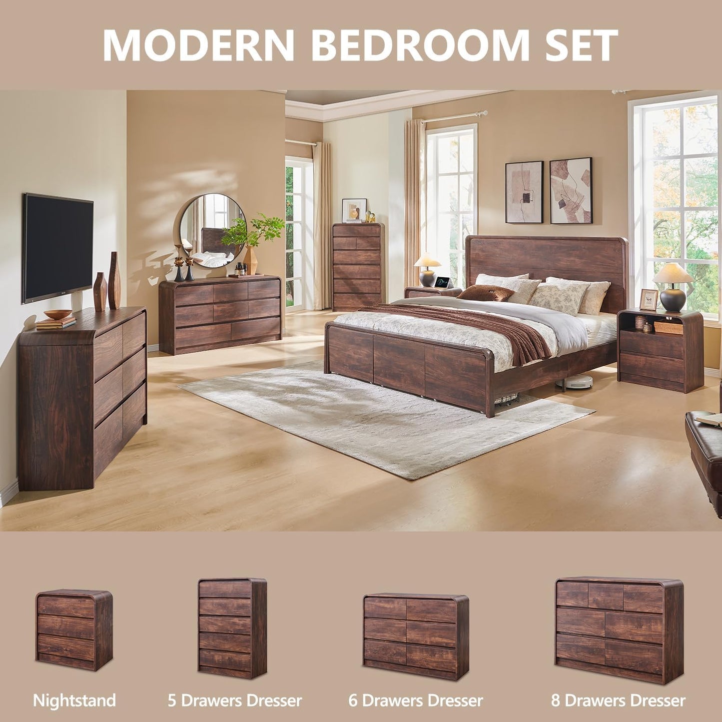 25" Tall Modern Nightstand with Charging Station, 23.6'' Wide Wood Bedside Table w/3 Storage Drawers, Small Dresser w/Curved Profile Design, End Table for Bedroom, Brown