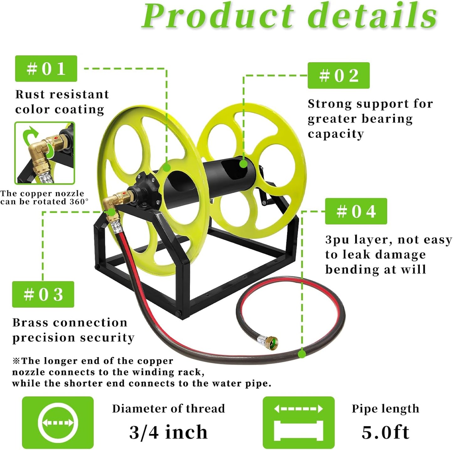 Garden Hose Reel Heavy Duty ,for 5/8" Hose Reel with Crank Handle Retractable, Wall/Floor Mount Metal Hose Reel, Holds up to 400-Feet. (With 5 FT Hose included)