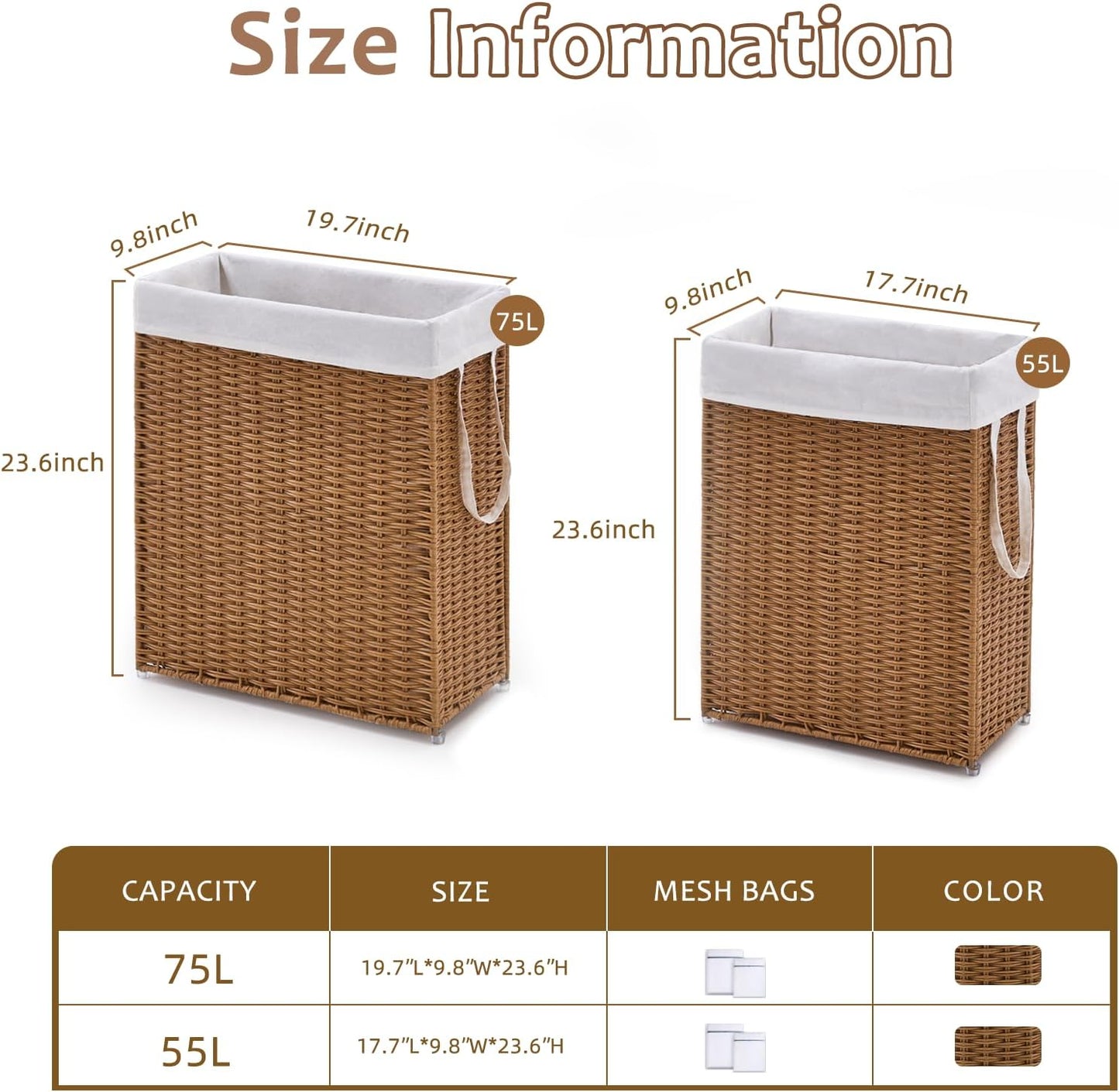 Slim Wicker Laundry Hamper, 75L Handwoven Rattan Basket with Handles, Narrow Laundry Basket with Removable Liner Bag & 2 Mesh Bags