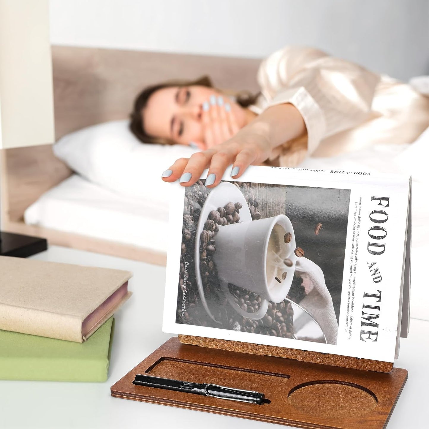 Huray Rayho Book Holder Wooden Book Stand for Reading Rest Page Marker Nightstands Organizer with Cup Mug Glasses Pen Holder Book Lovers Gift for Readers LibrarianTeachers Students Birthday Present