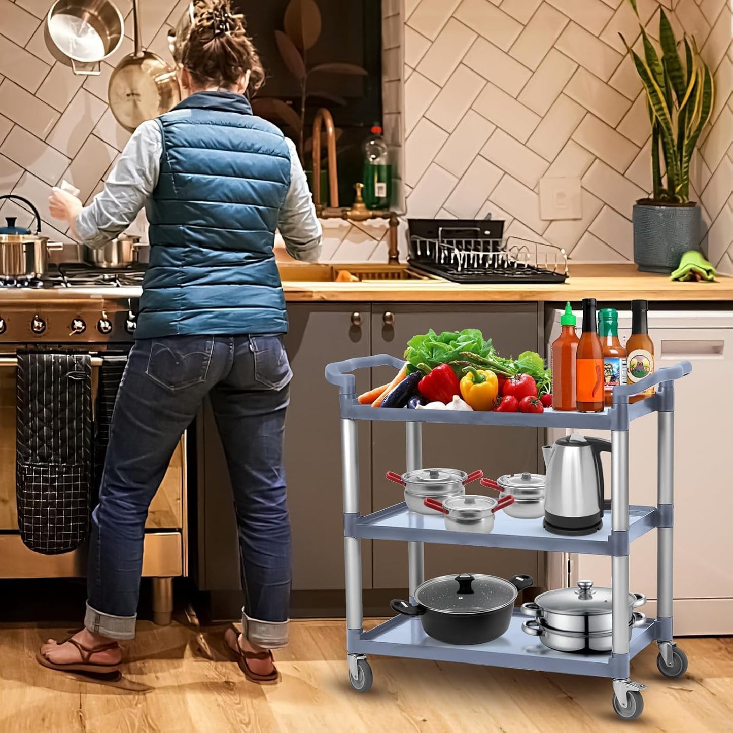 3-Tier Plastic Service Utility Cart with Wheels, Heavy Duty 3-Shelf Rolling Utility/Push Cart for Foodservice/Commercial/Restaurant/Office/Kitchen/Hotel, Grey