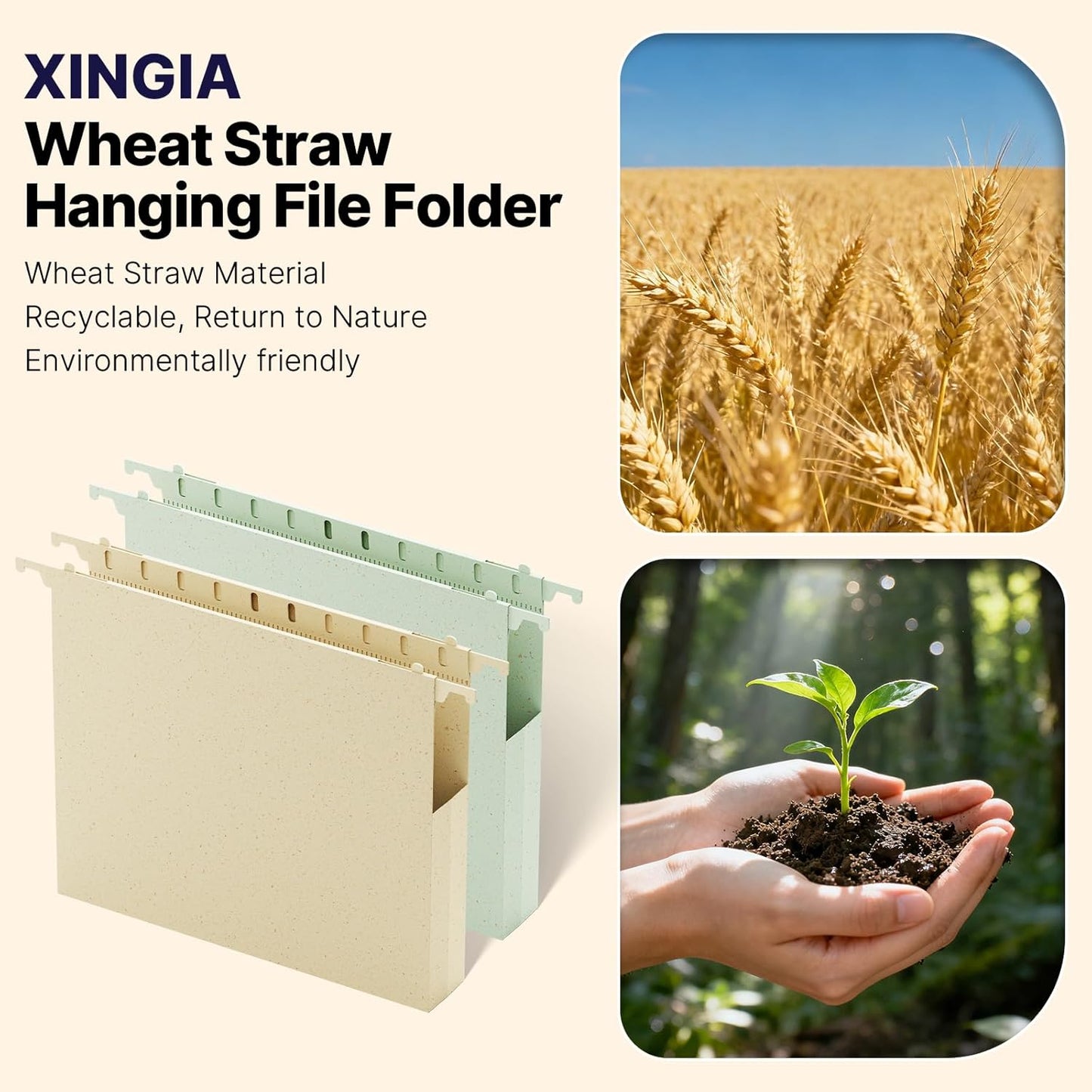 Wheat Straw Plastic Hanging File Folder Letter Size, 12 Pack Extra Capacity Hang Folders with Tabs for Filing Cabinet, Heavy Duty 1" Pastel Expanding Pocket for File Frame Box, File Organizer