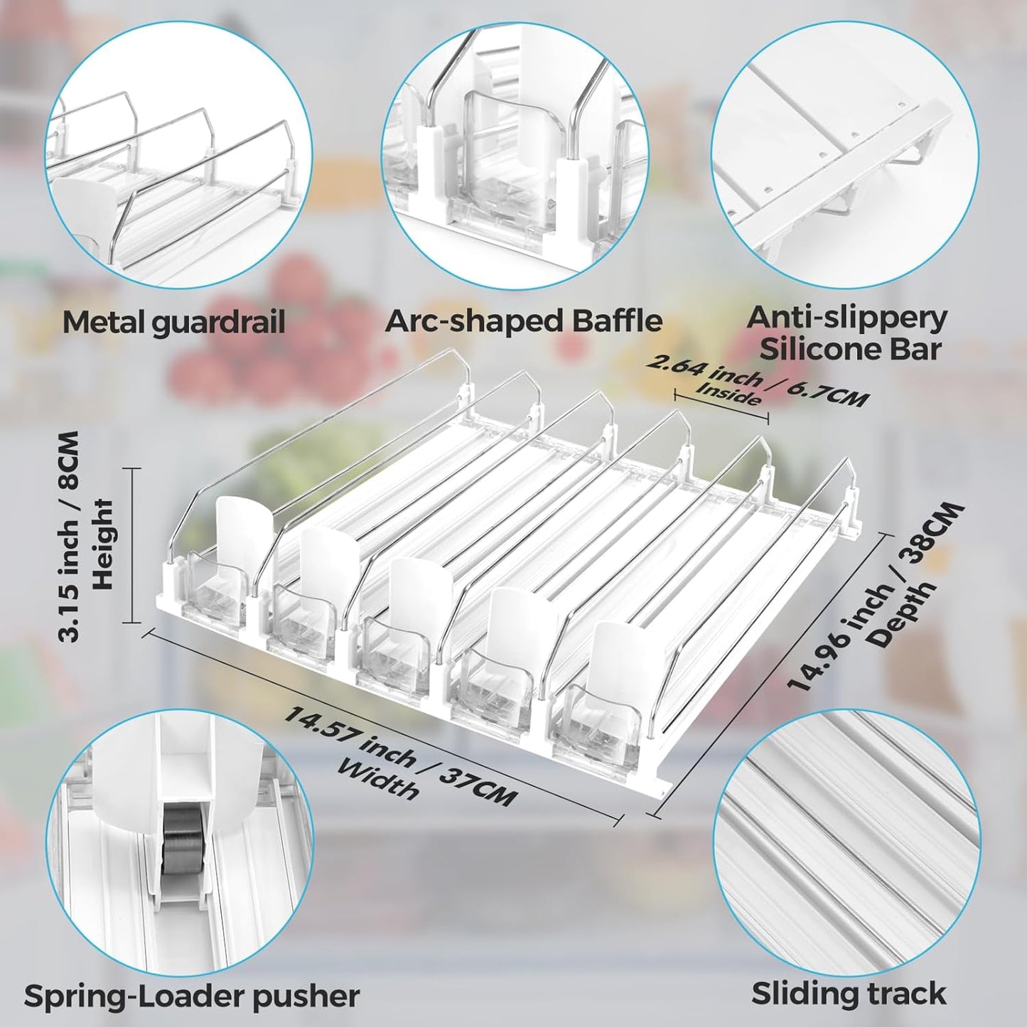Drink Dispenser for Refrigerator, Self-Pushing Soda Can Organizer for Fridge, 5 Rows already Assembled, Automatic Can Dispenser with Spring Loaded for Refrigerator Holds 25 cans, White