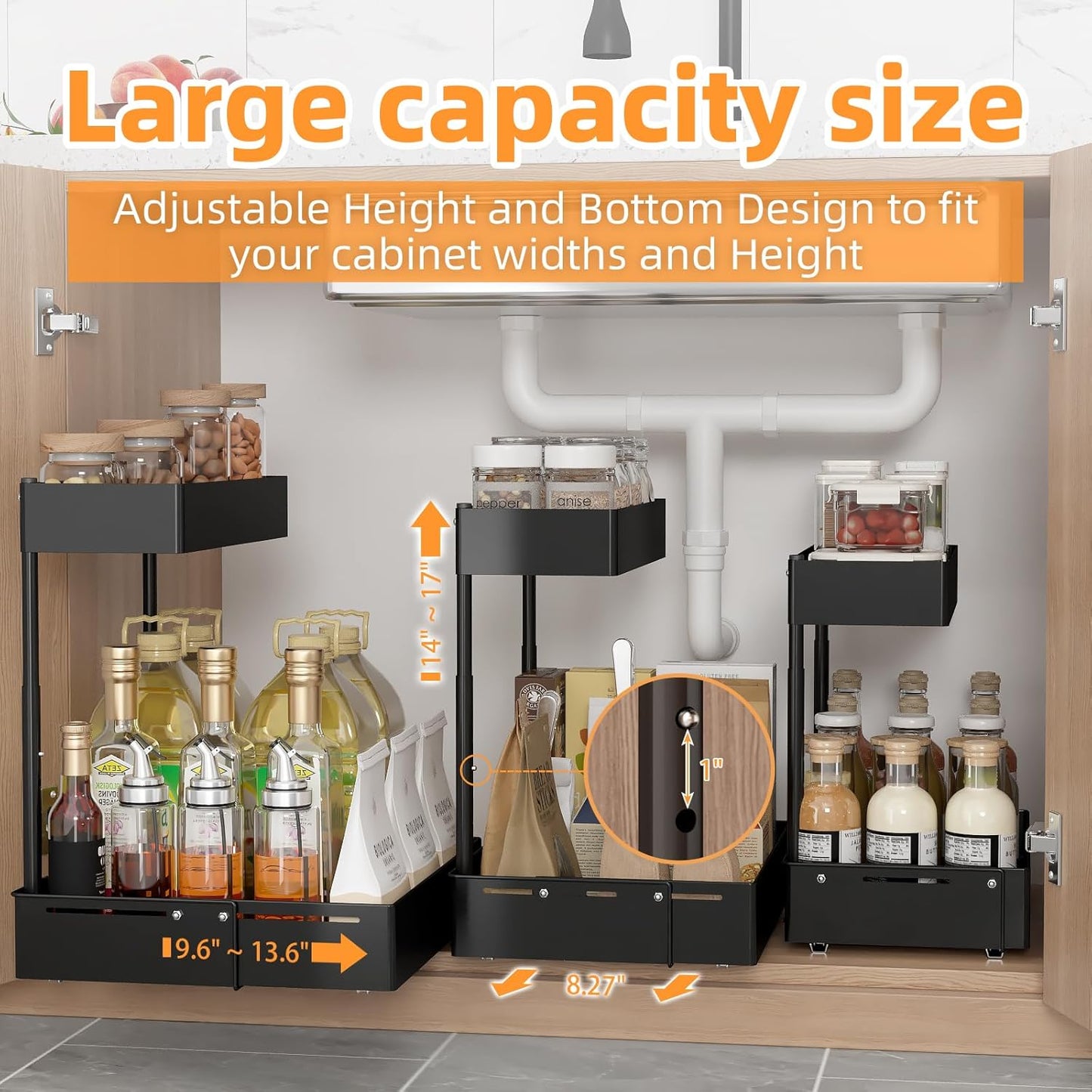 2Packs Under Sink Organizer with Adjustable Height and Width, Under Cabinet Organizer to Tidy, Sturdy Metal Design for Kitchen and Bathroom