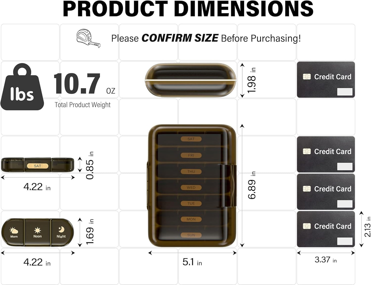 Weekly Pill Organizer 3X a Day, 7 Day Pill Box 3 Times, Portable for Travel Pill Case for Pills/Vitamin/Fish Oil/Medication/Supplements (3x7 Brown)