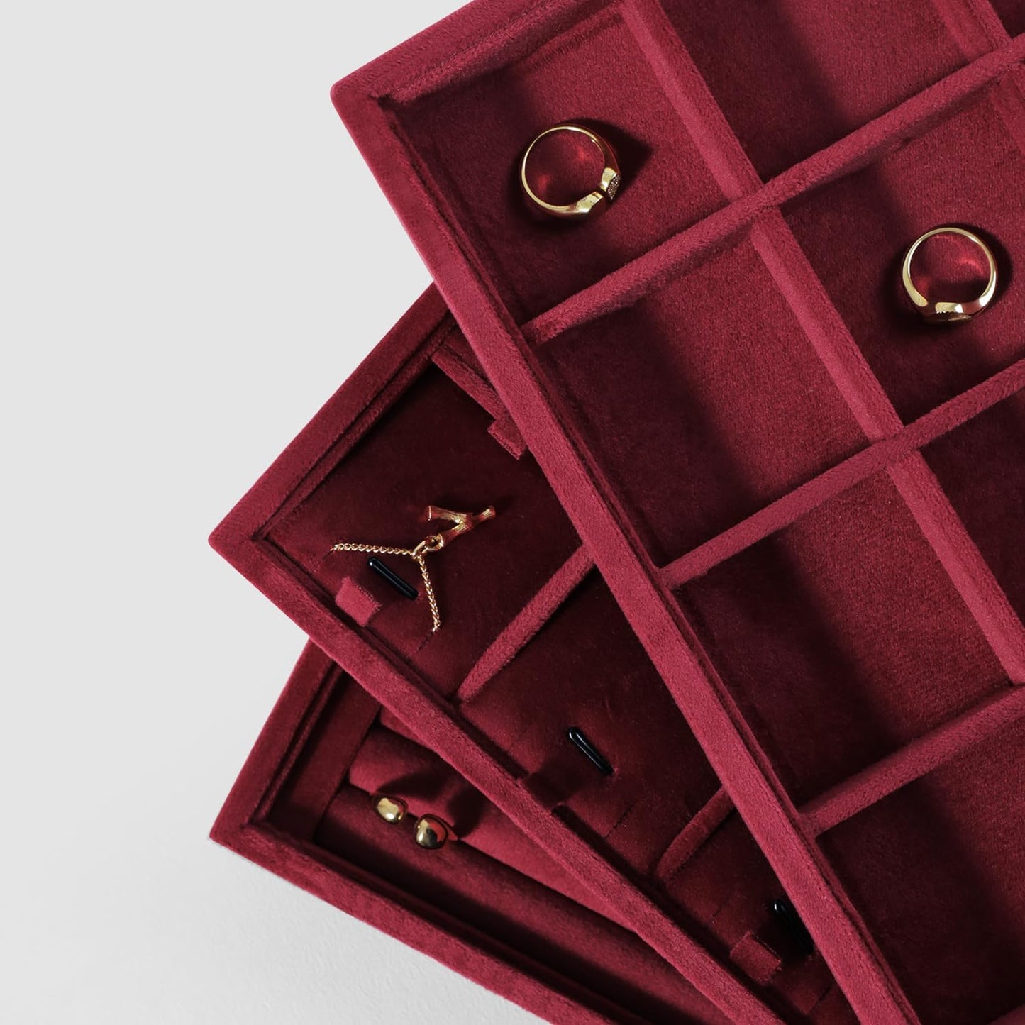 Velvet Stackable Jewelry Display Tray, 24 Grid Earring Ring Storage Tray, Drawer Divider Jewelry Accessories Organizer Plate (Red)