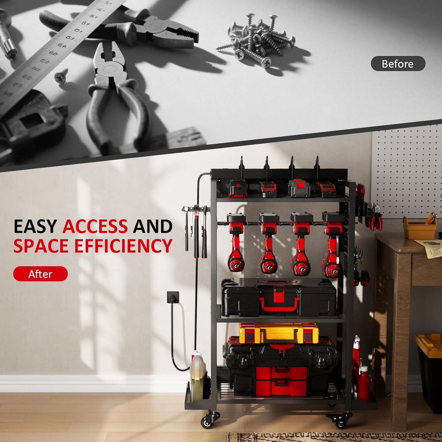 Power Tool Organizer Cart with 8 Power Outlet & Adjustable Storage, Garage Workshop Tool Box Cart, Gifts for Men