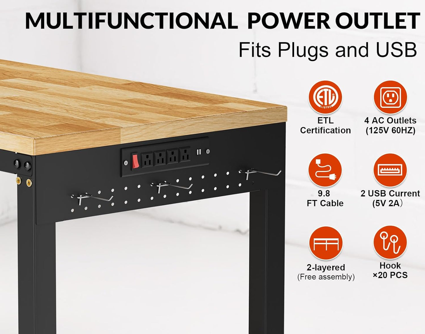 84” Heavy Duty Work Bench, 2-Layer Adjustable Workbench, 5000 LBS Capacity Work Bench with Power Outlet & Pegboard, Rubber Wood Work Table for Garage, Workshop, Office, Home