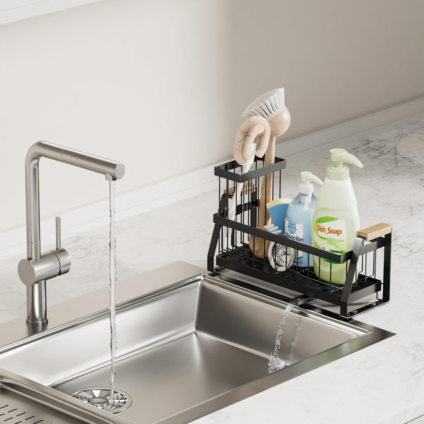 Sink Caddy Organizer with Wooden Handle & Self-Draining Tray, Trapezoid Kitchen Sponge Holder with Non-Slip Suction Cups , Organizer for Sponge, Brush, Soap Dispenser for Sink and Bathroom Countertop